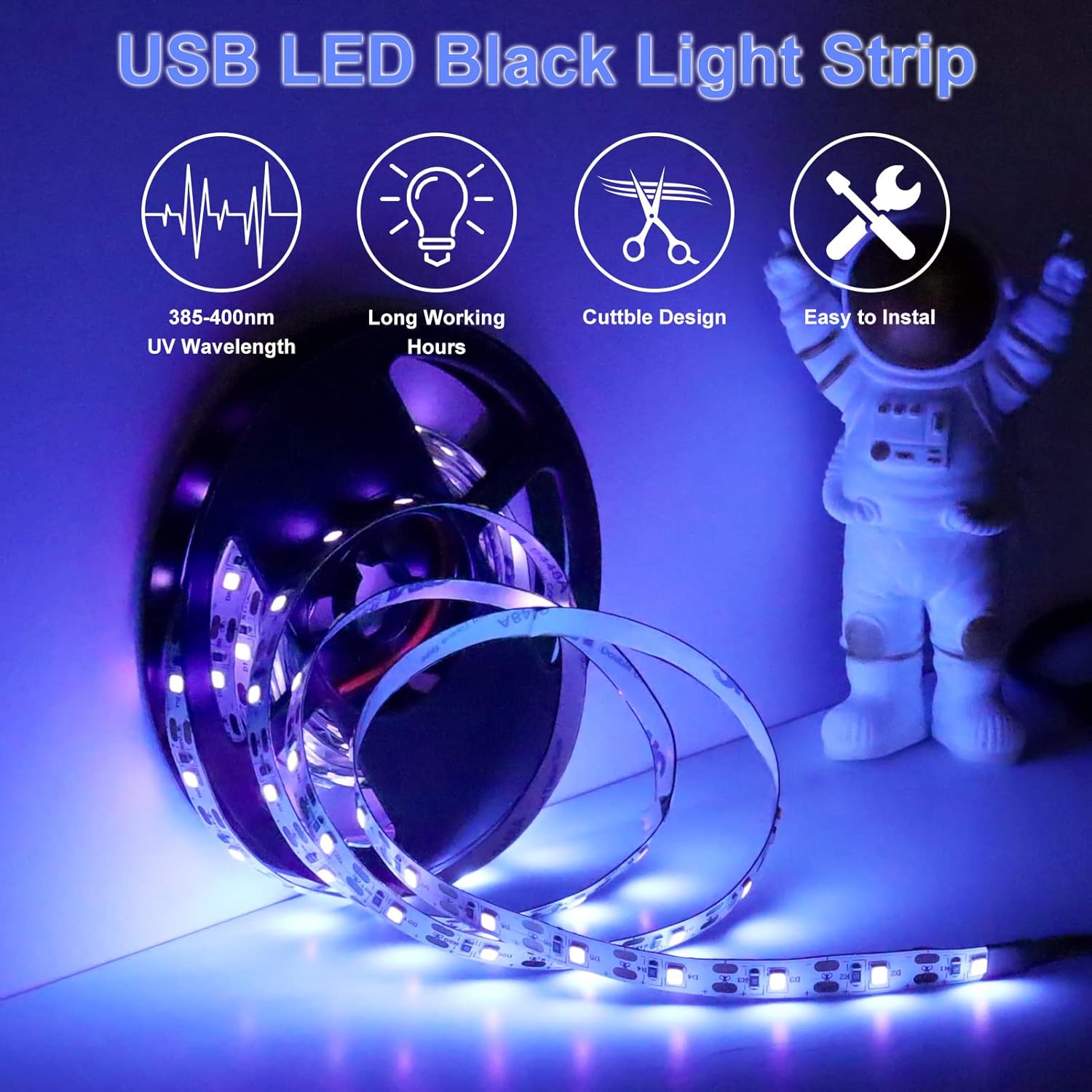 8.2FT UV Black Light LED Strip – SMD3528 | 380–400nm | USB Powered UV Light Strip with Battery Box | Non-Waterproof | For Fluorescent Party, Body Paint, Glow Decoration (2 Pack)