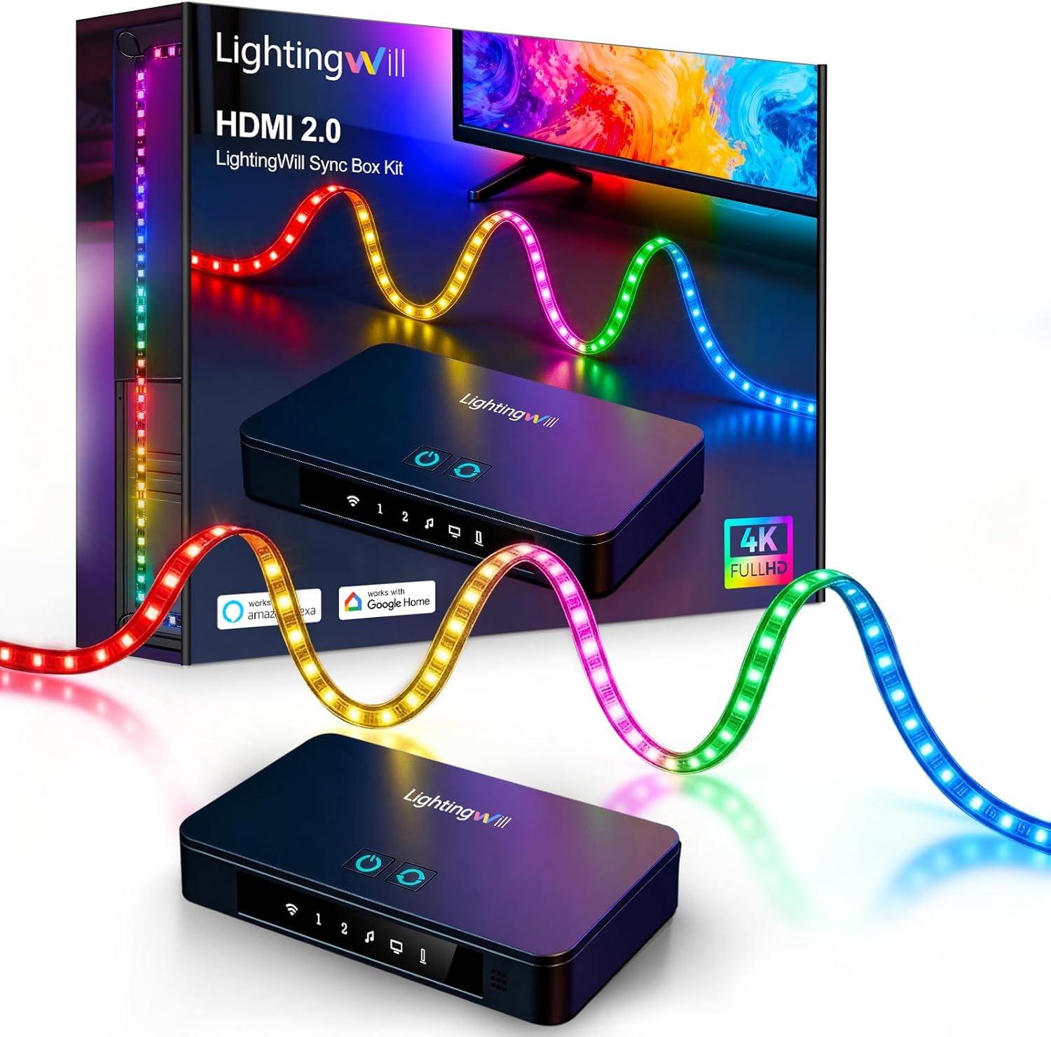 LightingWill CST3 HDMI 2.0 Sync Box TV Backlight Strip Kit - 9.8FT / 12.5FT / 16.4Ft Smart RGBIC LED Strip Sync with Screen | Supports 4K@60Hz | 72 LEDs/m |Sync to Movies, Games | Compatible with PS5/Xbox/PC