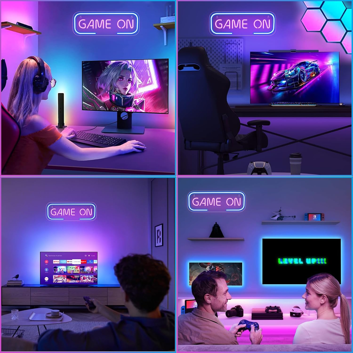 Good Vibes LED Sign – GAME ON Silicone Neon Sign – 15.7×5.6 Inch | 5V USB Powered Dimmable Blue & Pink Glow LED Wall Light | Neon Lamp with Accessories Included | Hanging Gaming Decor for Gaming Room, Bedroom, Setup & Party Spaces