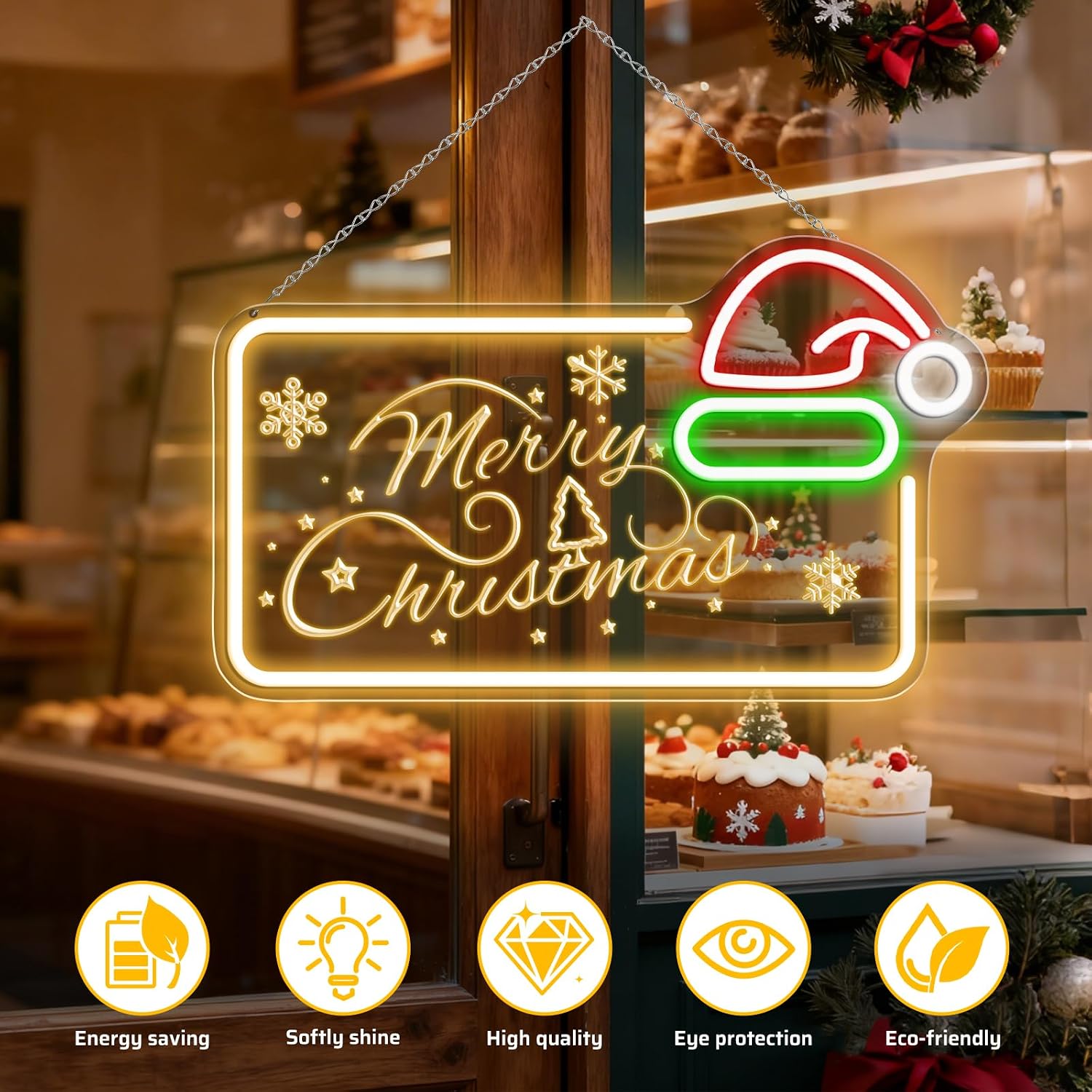 Good Vibes LED Sign – MERRY CHRISTMAS Silicone Neon Sign with Santa Hat – 16.5×10 Inch Yellow, Red, Green & White Glow Neon Lamp with Accessories Included | Hanging Holiday Decor for Christmas Party, Bedroom & Home Spaces