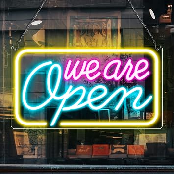 WE ARE OPEN LED Silicone Neon Sign – 16.5×9 Inch (42×23 cm) Horizontal Style | 5V USB Powered Dimmable Multicolor Glow Light for Storefront Window & Business Decor