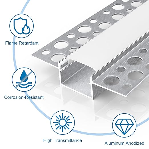 Double-Sided Plaster-in Drywall LED Aluminum Channels– Fit for 1 to 20mm LED Strip | 1Meter | Silver | Milky White Cover | 4 / 6 / 10 -Pack | Local Stock US/UK