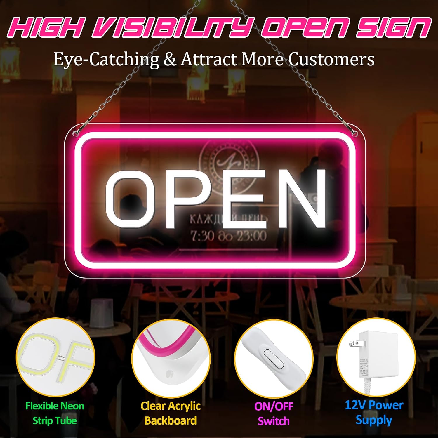 OPEN COB LED Sign – 22.8×11.8 Inch | 12V Powered Pink & White Glow Light | Horizontal & Vertical Style with US Plug for Storefront & Business Decor