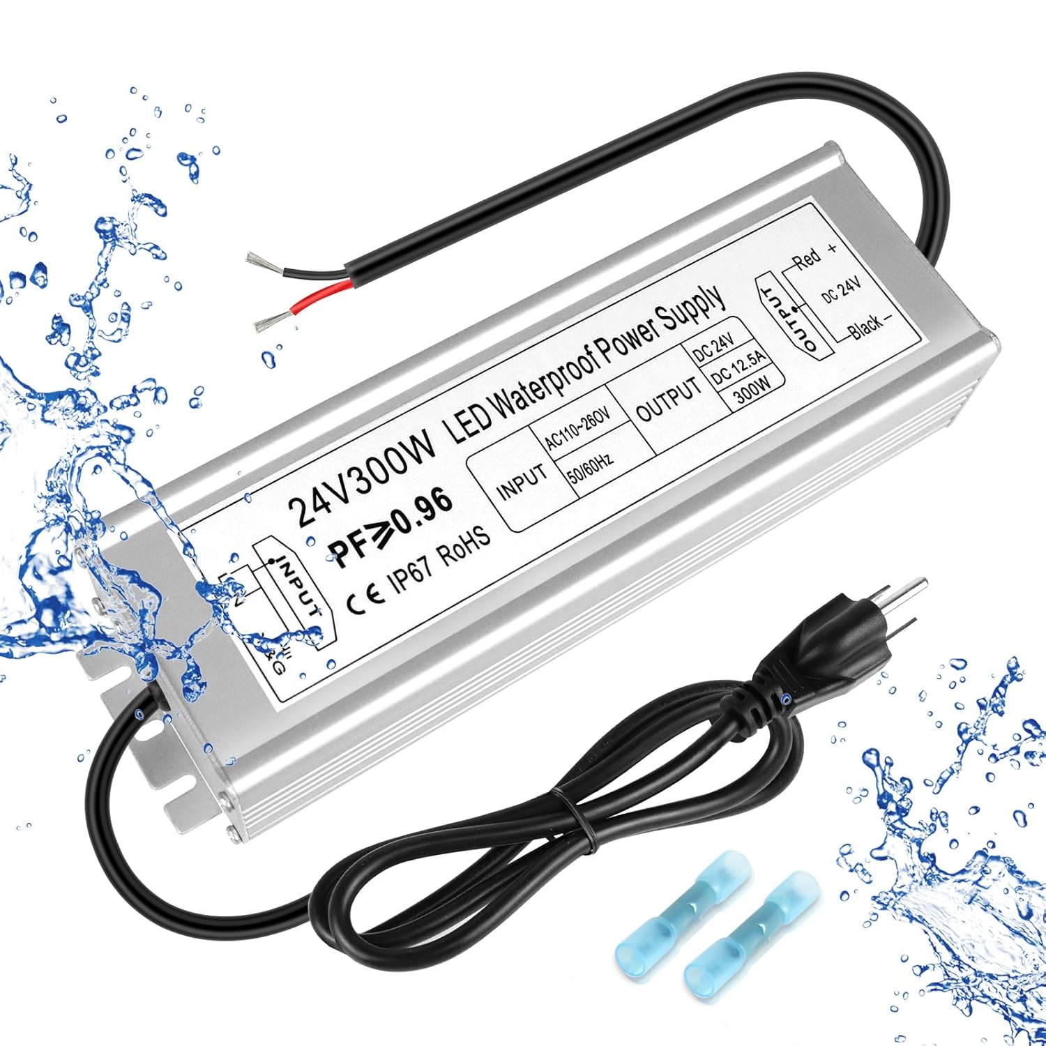 24V Waterproof LED Power Supply 30W–300W, 90–265V Input, Single/Dual Wire Output, Outdoor LED Driver, CE/RoHS/FCC — US/UK/EU Plug & Wire Leads Options