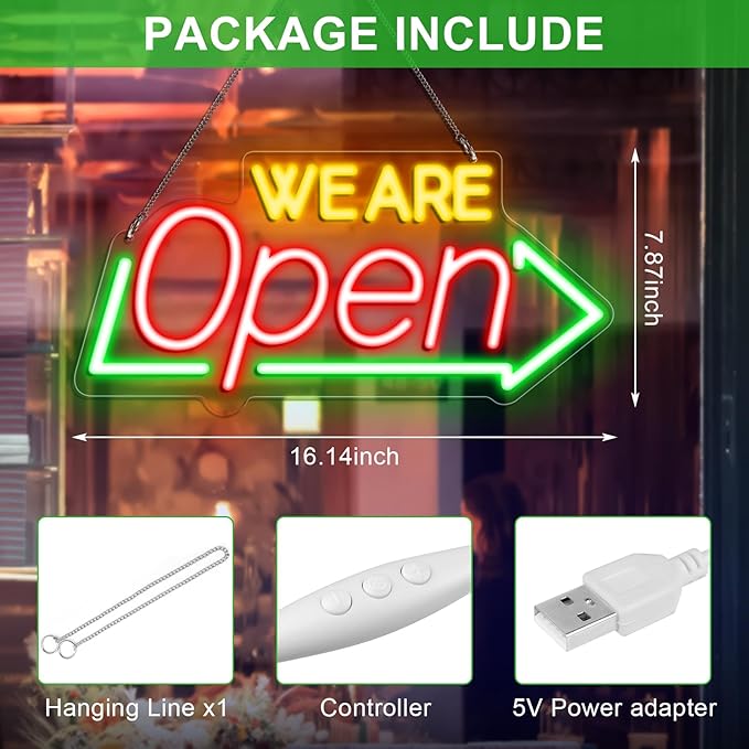 Bright Open Signs for Business, 16.1"X 7.8" Dimmable Open Sign Powered by USB, Red&Green&Yellow Christmas Neon LED Sign, We Are Open Sign for Door Windows