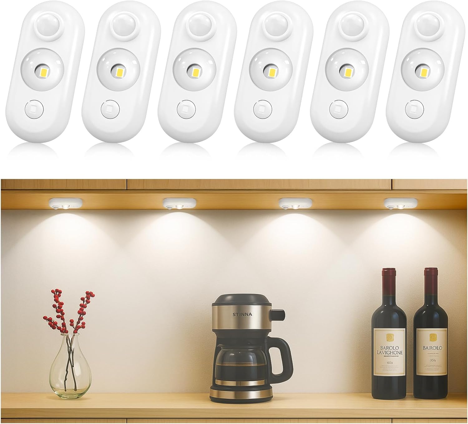 4/6 Pack Rechargeable Oval LED Closet Light | Motion Sensor, Tap Switch, Dimmable | Warm / Daylight White | Black / White Finish | Magnetic Mounting for Closets & Cabinets