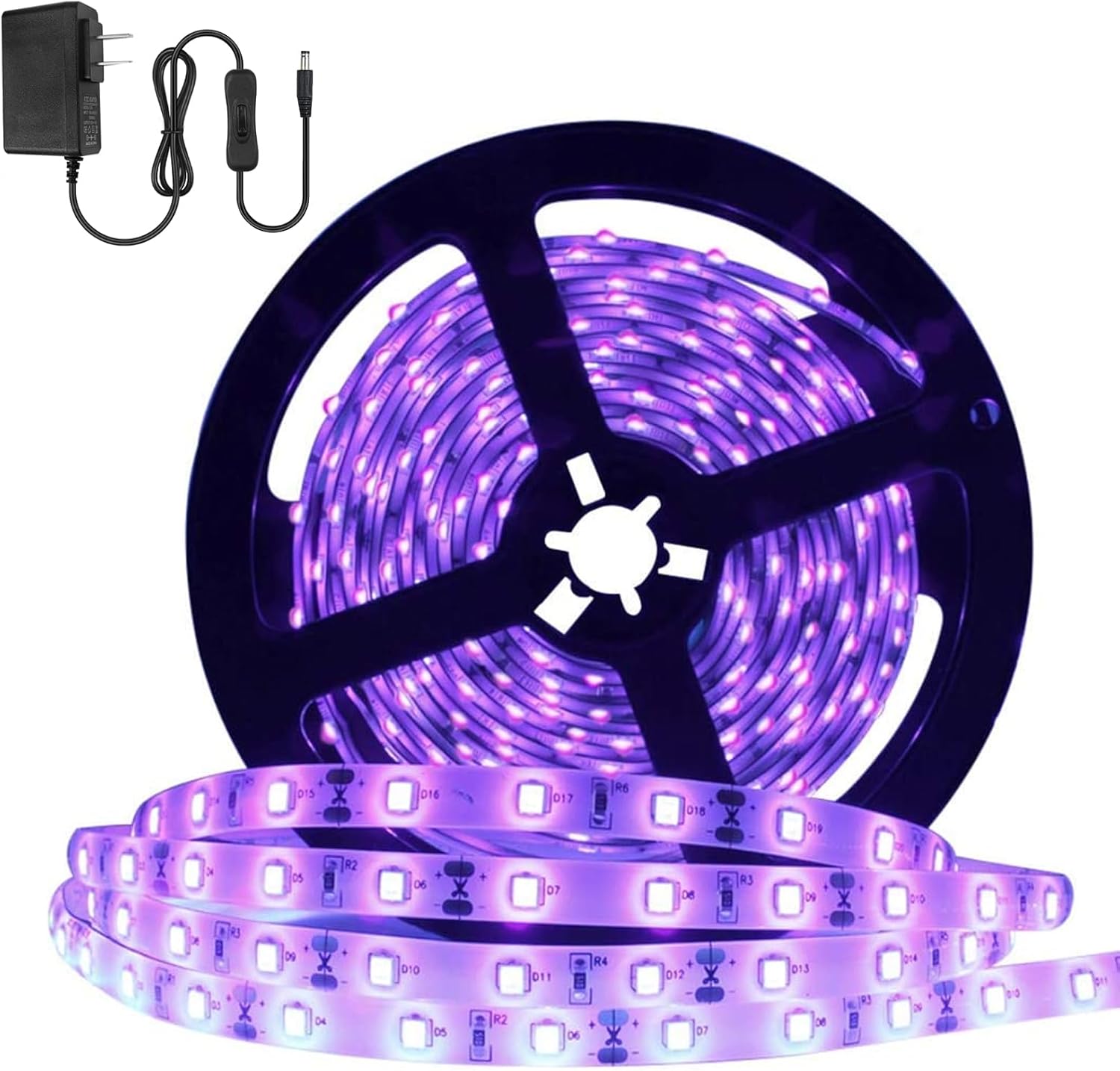 24W / 60W UV Black Light LED Strip – 16.4FT / 5M | SMD2835 | 60 LEDs/m (300 LEDs Total) | 395–405nm | Non-Waterproof / IP65 Waterproof | With Power Supply | For Night Fishing & Black Party