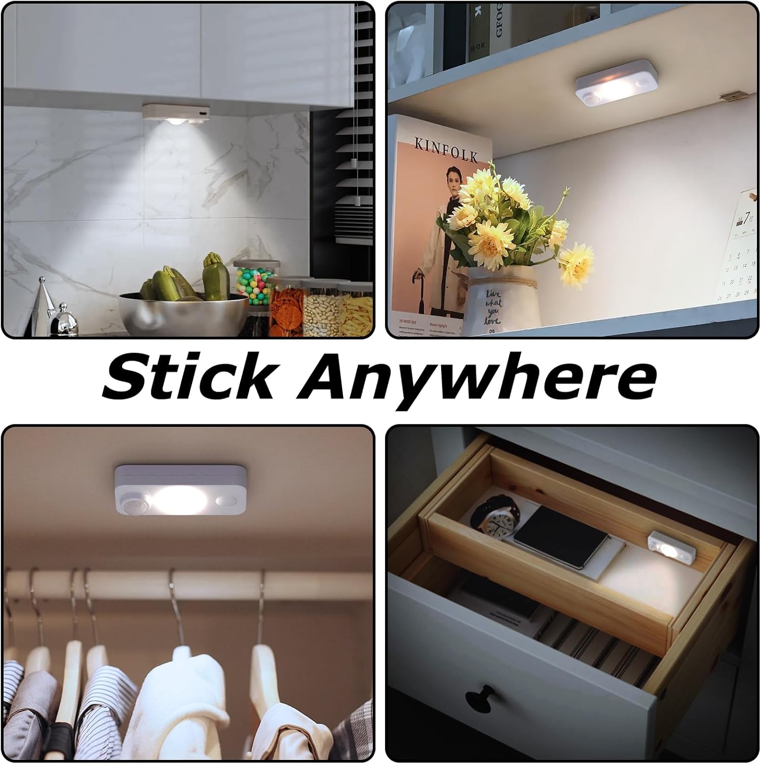 Rechargeable LED Puck Closet Light – 4/6/8 Pack | Motion Sensor, Tap Switch, Dimmable | Warm / Daylight White | Black / White Finish | Easy Mounting for Closets & Cabinets