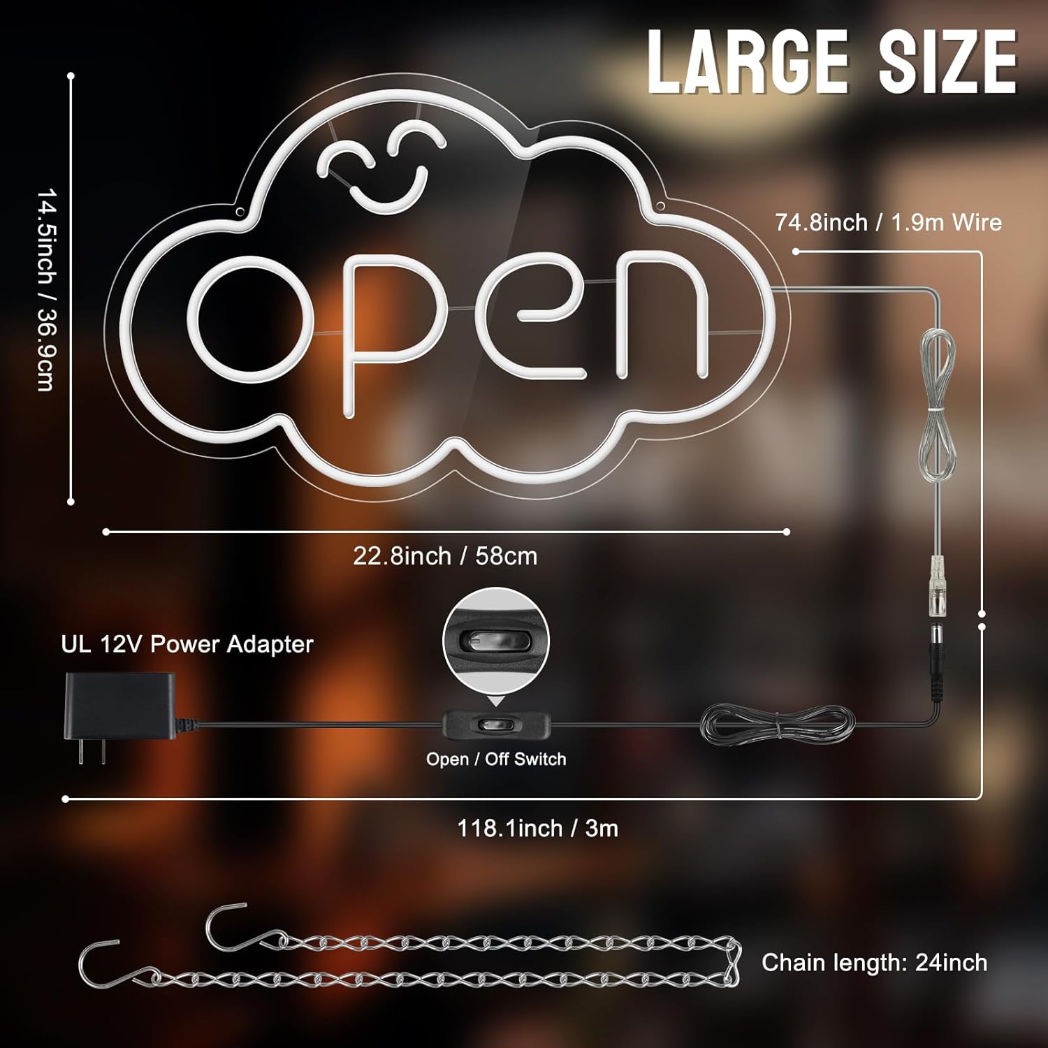 Panneau LED « OPEN » – Forme de nuage | Panneau néon arc-en-ciel fixe | 2 tailles | Suspension de vitrine | Plug & Play pour vitrines