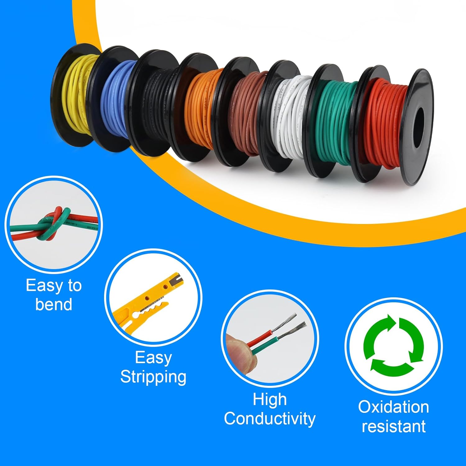 28 AWG Silicone Electrical Power Wire, Stranded Tinned Copper Hook Up Cable Kit, 3m–15m Each Roll × 8 Colors, Flexible Low Voltage Wire Spools for LED, RC, Arduino, DIY