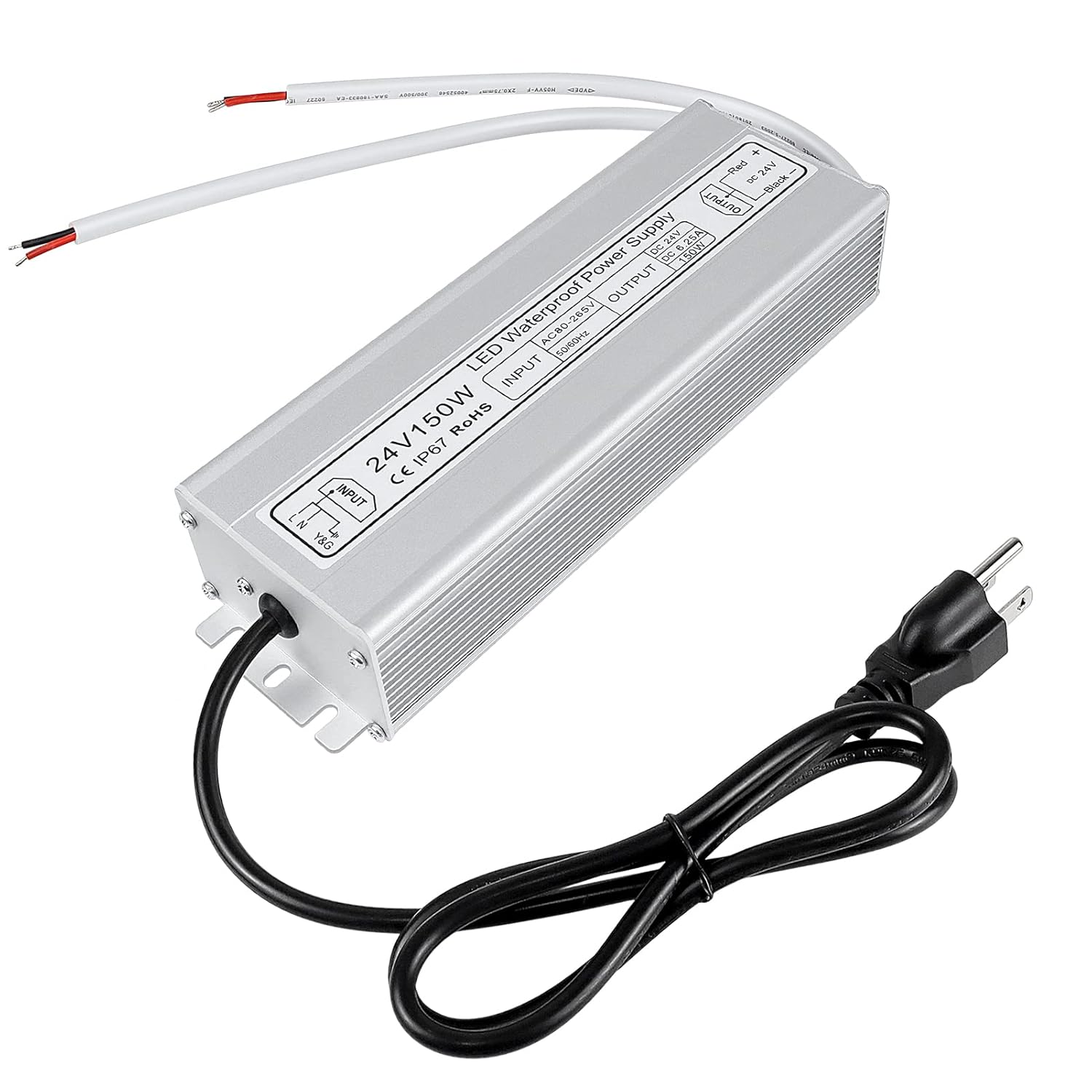 24V Waterproof LED Power Supply 30W–300W, 90–265V Input, Single/Dual Wire Output, Outdoor LED Driver, CE/RoHS/FCC — US/UK/EU Plug & Wire Leads Options