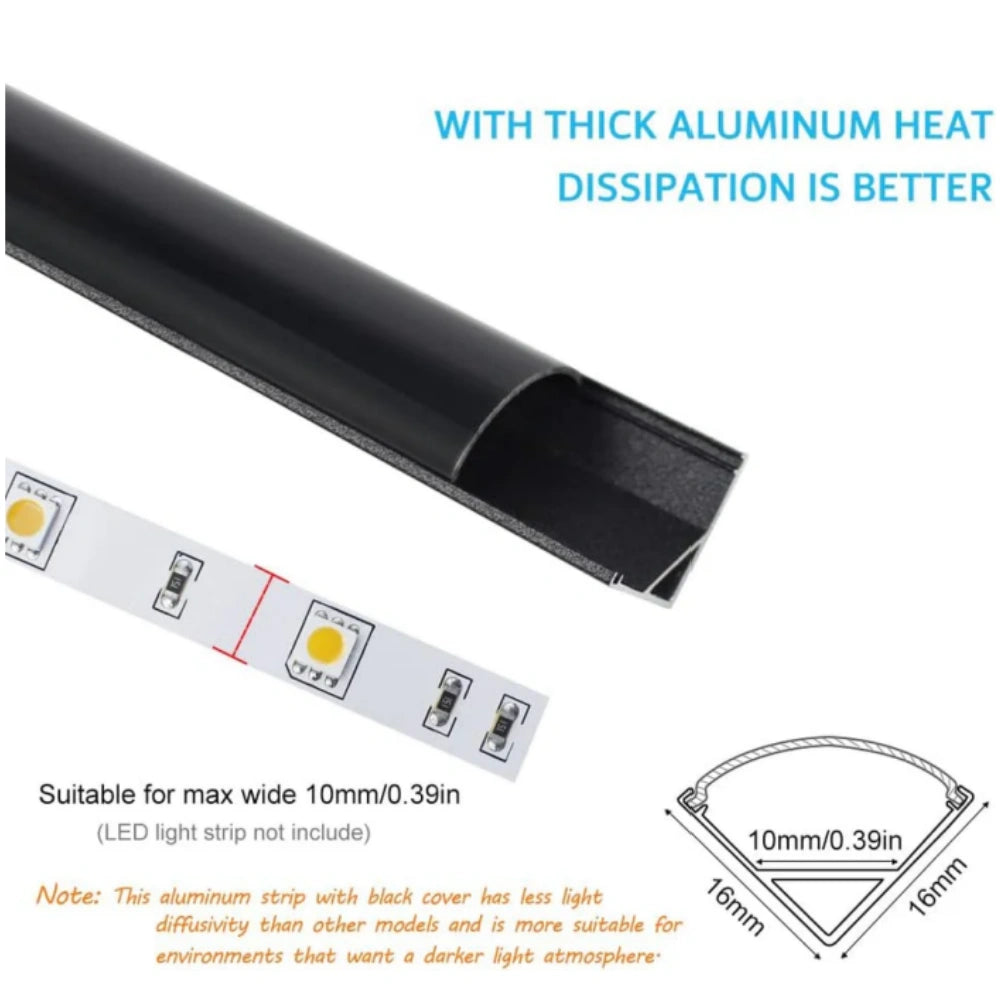 V-Shaped LED Aluminum Channel – For 1 to 10 mm LED Strips | 1 Meter | Silver / Black | Milky / Black Cover | With Mounting Accessories | Pack of 5 / 6 / 10 / 12 / 20 | Local Stock in US / UK