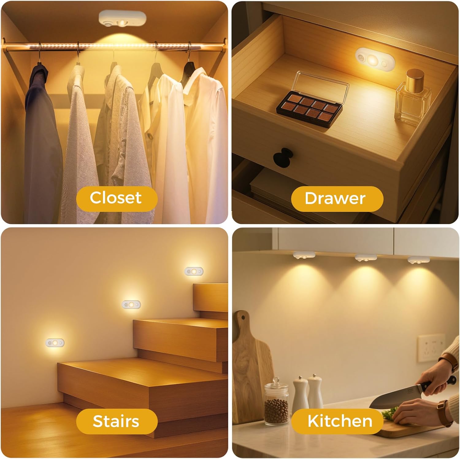 4/6 Pack Rechargeable Oval LED Closet Light | Motion Sensor, Tap Switch, Dimmable | Warm / Daylight White | Black / White Finish | Magnetic Mounting for Closets & Cabinets