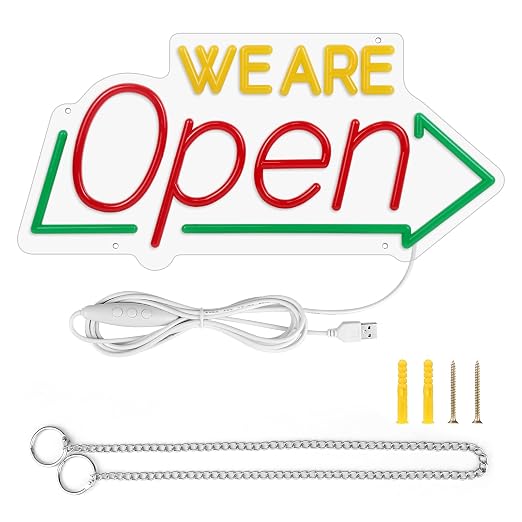 WE ARE OPEN Integrated LED Signs – USB Powered | 16.1×7.8 inch | Arrow Shape LED Window Sign | Yellow + Red + Green Glow for Storefront Display
