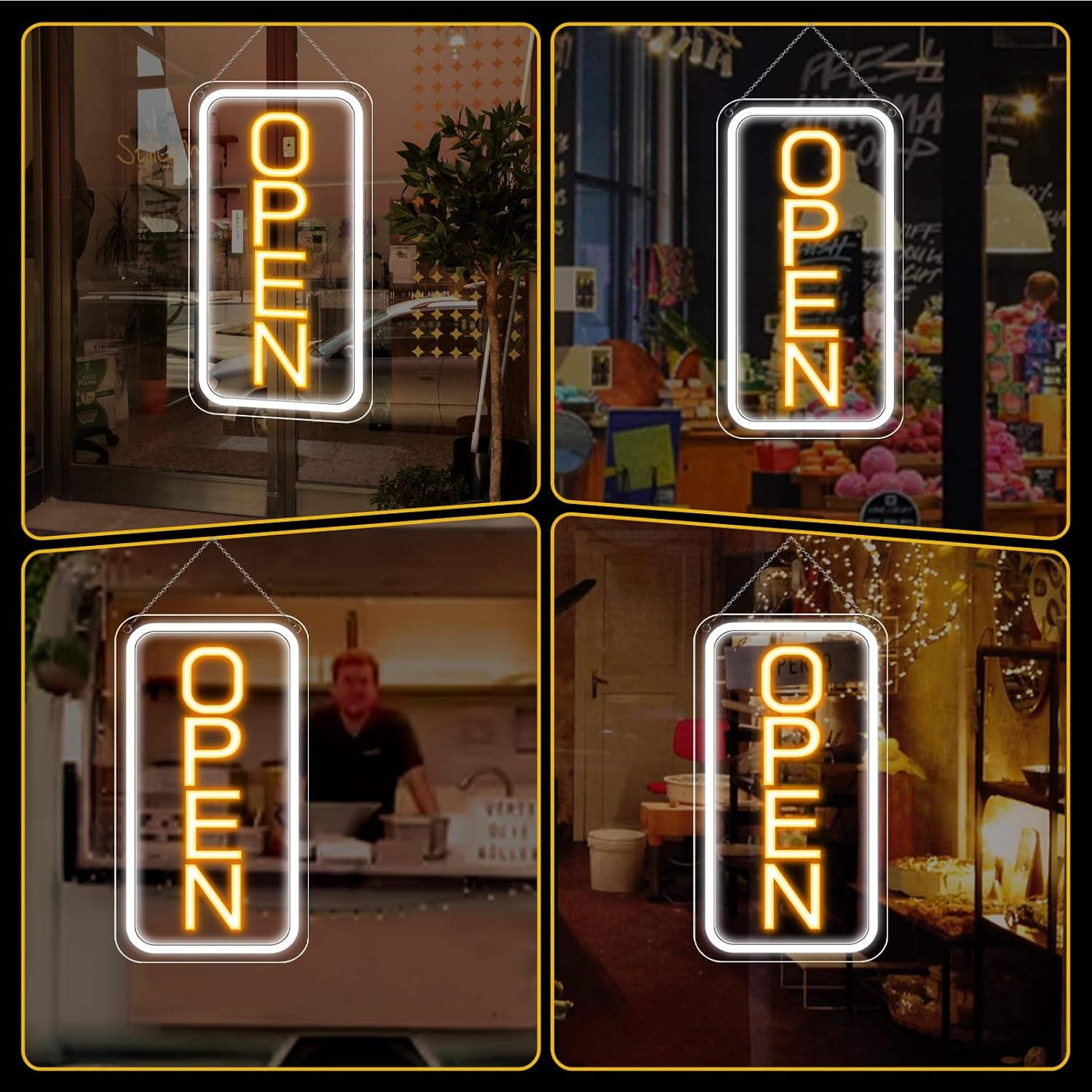 OPEN Neon LED Sign – Vertical Rectangular | 5 Glow Color Options | 16×9 / 23×12 inch | Window Hanging | Plug & Play for Storefronts