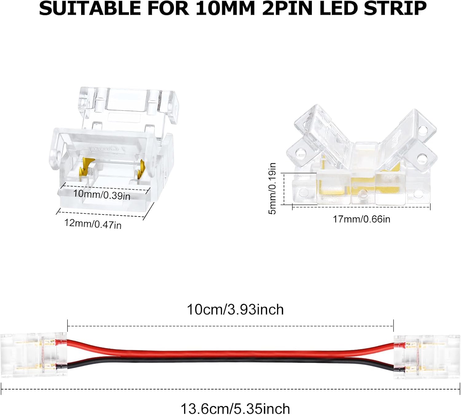 Transparent Crystal LED Strip Connectors – 10mm 2Pin Solderless Clips | Strip to Wire / Strip to Strip / DC Adapter – Local Stock US/UK