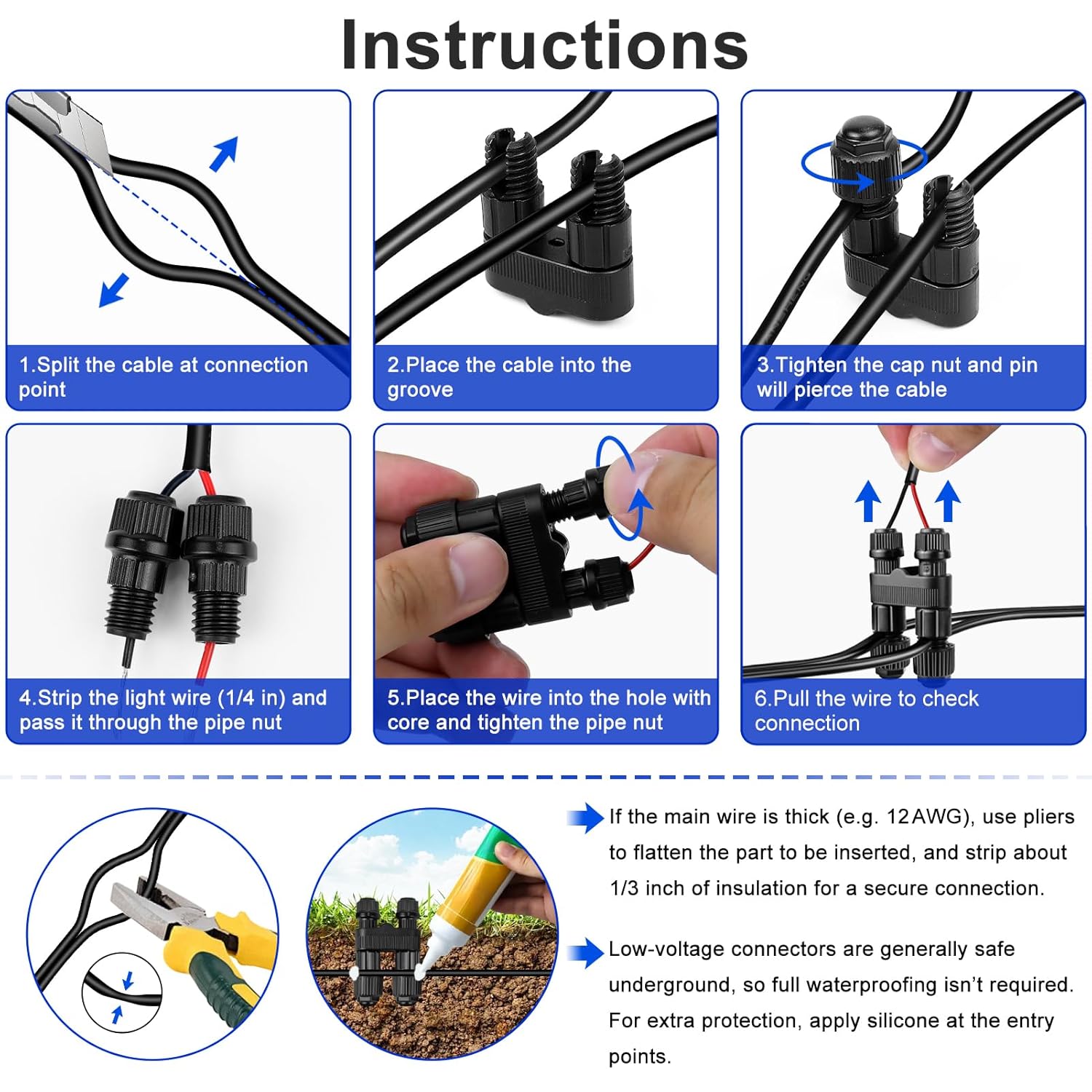 Low Voltage Wire Connectors, 12 Pack Landscape Lighting Connectors, Waterproof Fastlock2 Style Low Voltage Landscape Wire Connectors for 12–18 Gauge Wire, Pathway & Garden Lights