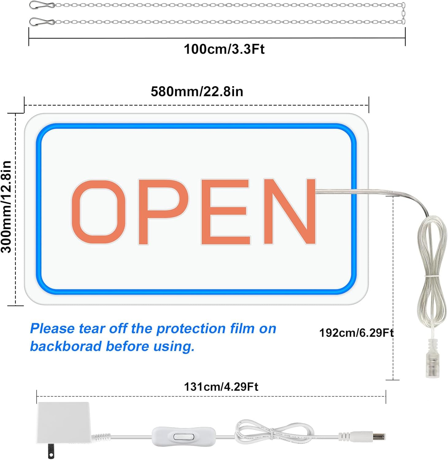 LED-Neonschild „OPEN“ – rechteckig | 4 Leuchtfarbenoptionen | 16×9 / 23×12 Zoll | Fensteraufhängung | Plug & Play für Schaufenster