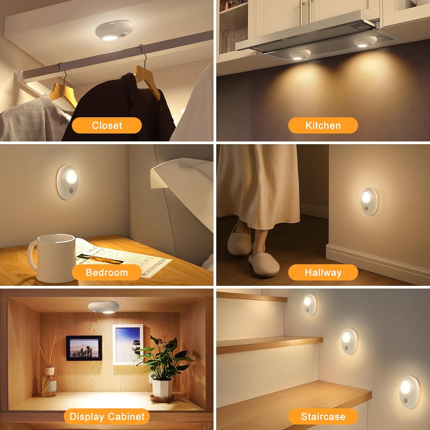 4/6 Pack Rechargeable Pebble LED Closet Light | 3 LEDs, 3 Color Modes (3000K / 4000K / 6000K) | Motion Sensor, Tap Switch, Dimmable | White Finish | Magnetic Mounting