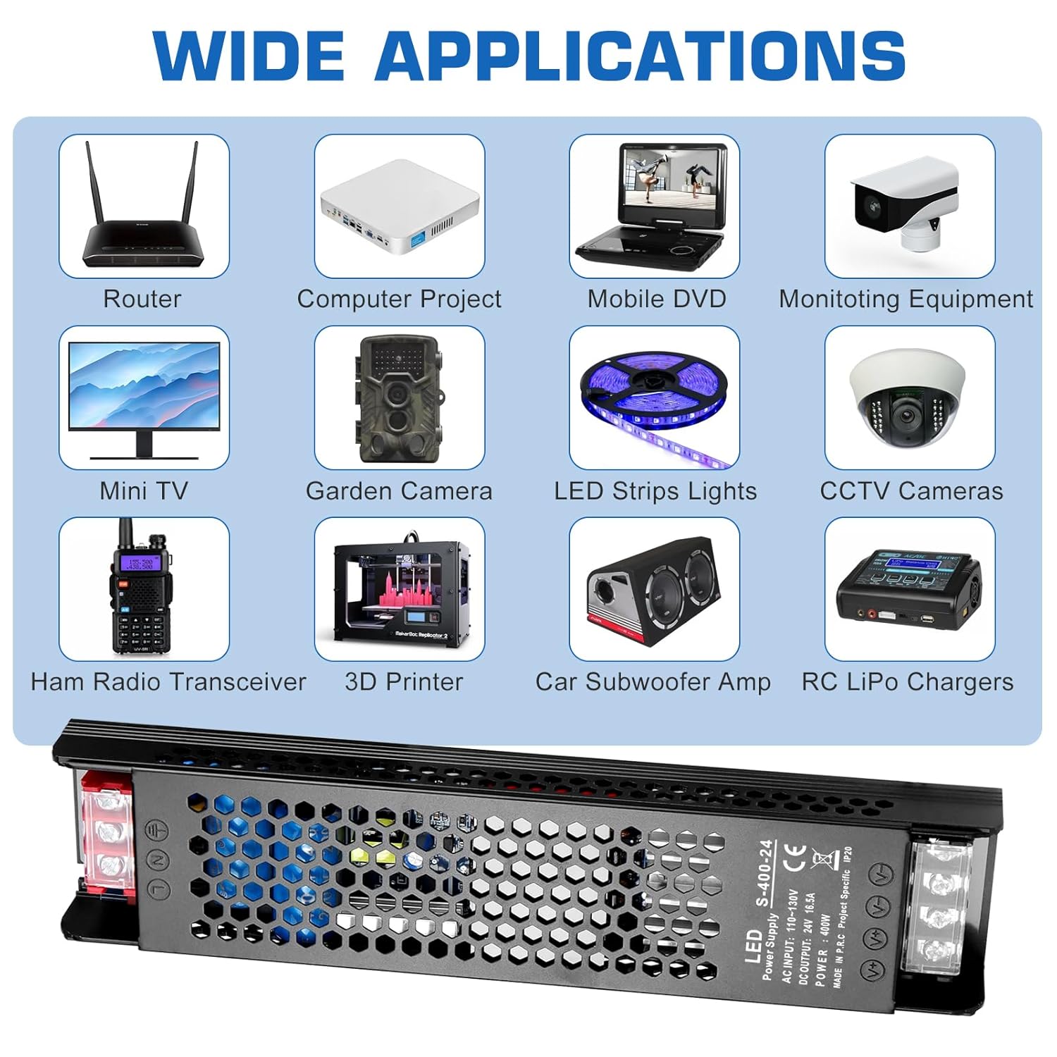 DC 12V/24V Slim Black Switching Power Supply 300W–400W, AC 110–130V/175–250V Input, LED Driver Transformer with Built-in Cooling Fan, CE/FCC/RoHS Certified