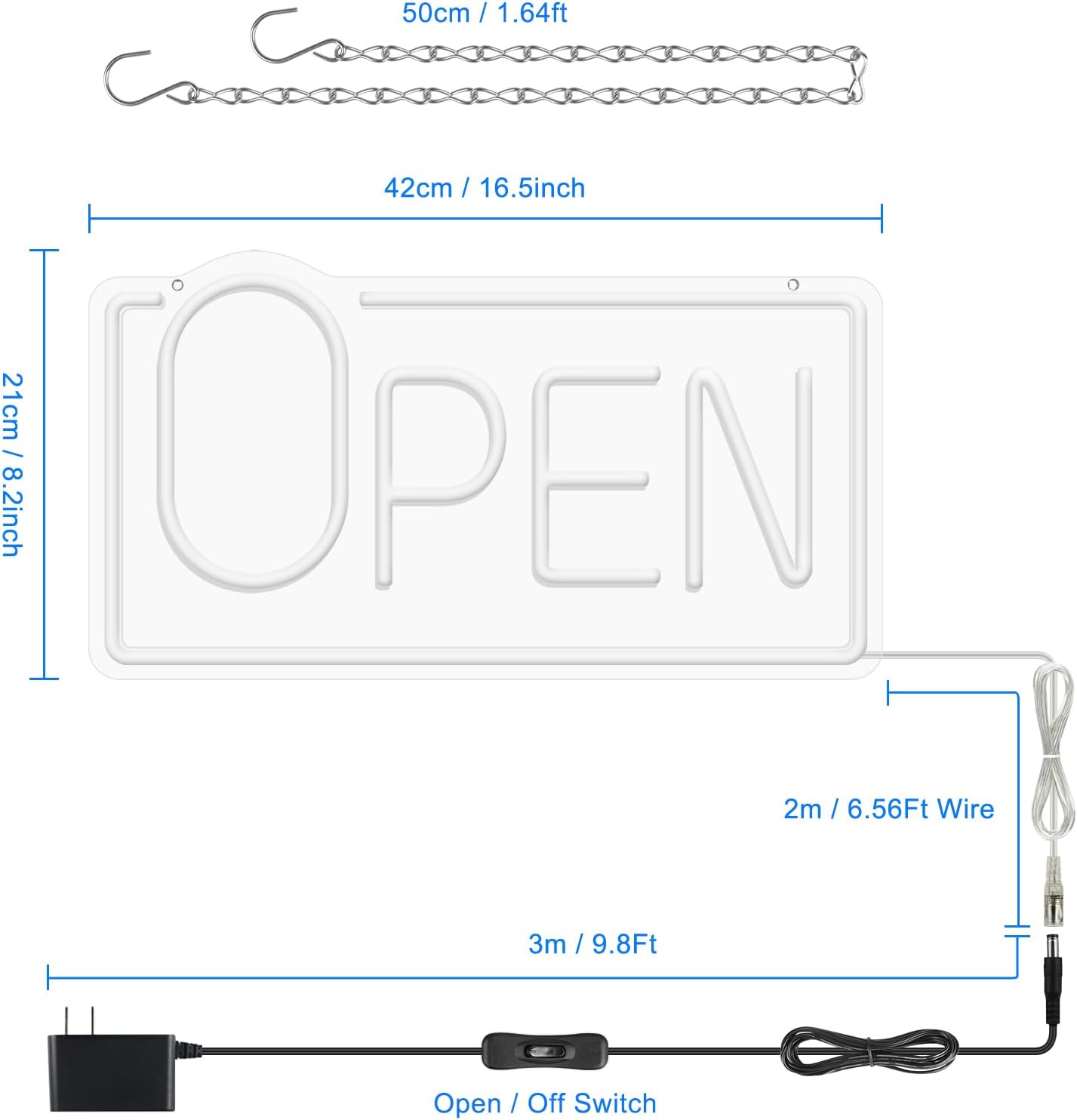 OPEN Neon Sign – Big “O” Style | 5 Glow Color Options | 17×9 inch (42×22 cm) | Window Hanging | Plug & Play for Storefronts