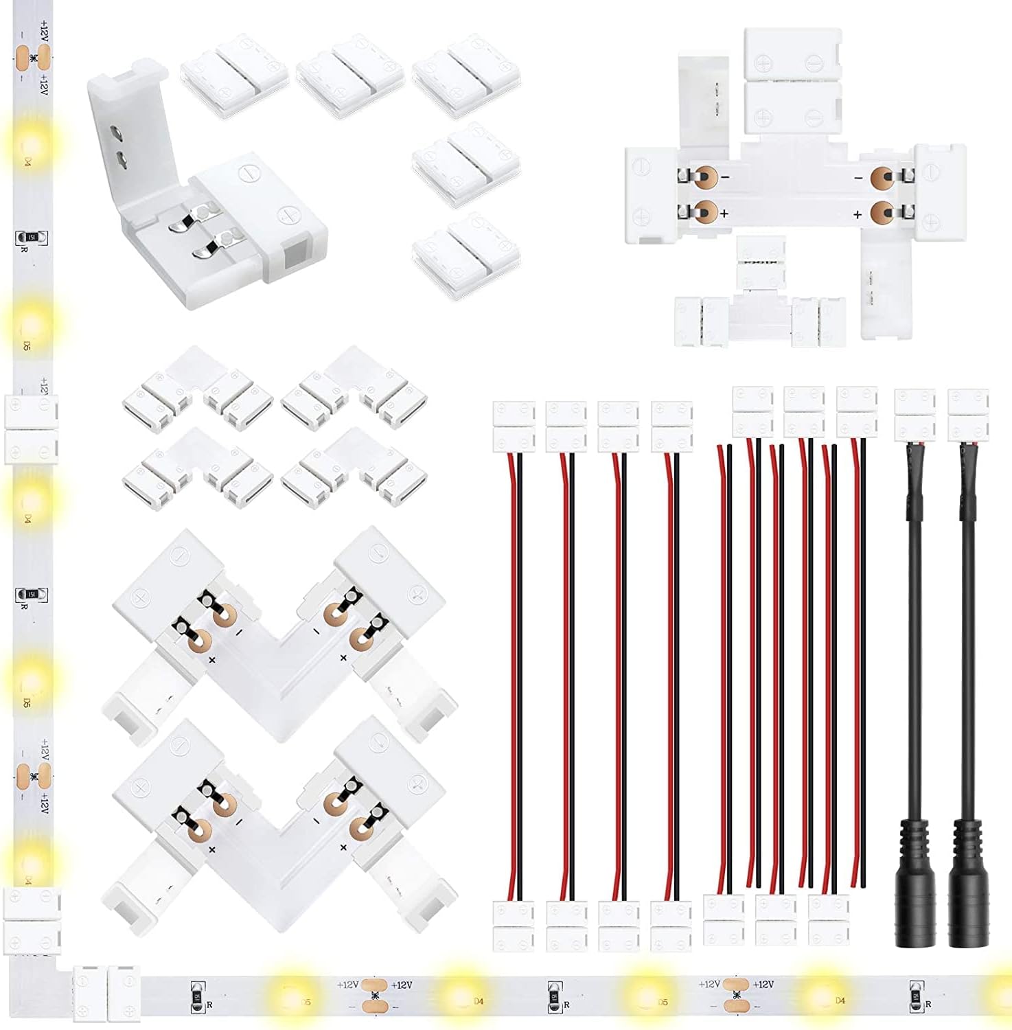 LED Strip Connector Kit – 10mm 2Pin Solderless Assortment Pack | Mixed Set with Strip to Wire / Strip to Strip / L / T / DC Plug – Local Stock US/UK