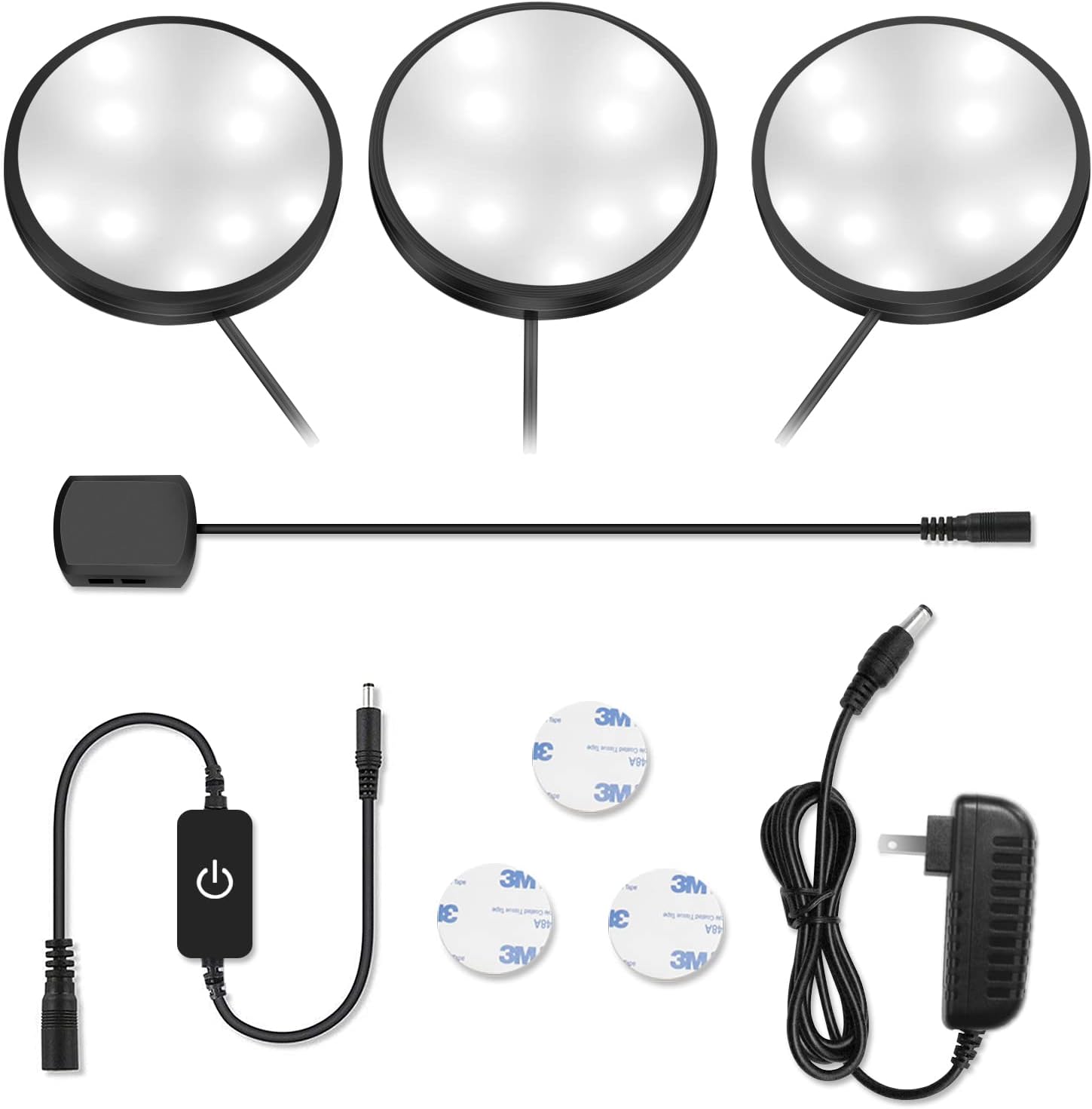 Lot de 3 spots LED pour armoire – Blanc chaud / Blanc lumière du jour | Finition noire | Adaptateur 12 V avec prise US/UK | Intensité réglable tactile | Fixation adhésive | Pour cuisine et sous-meubles