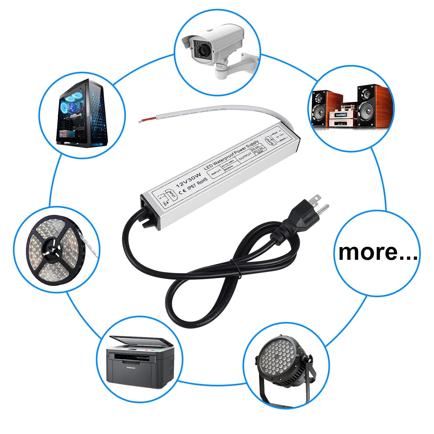 12V Waterproof LED Power Supply 30W–280W, 90–265V Input, Single/Dual Wire Output, Aluminum Housing, Outdoor LED Driver, CE/RoHS/FCC —US/UK/EU Plug & Wire Leads Options