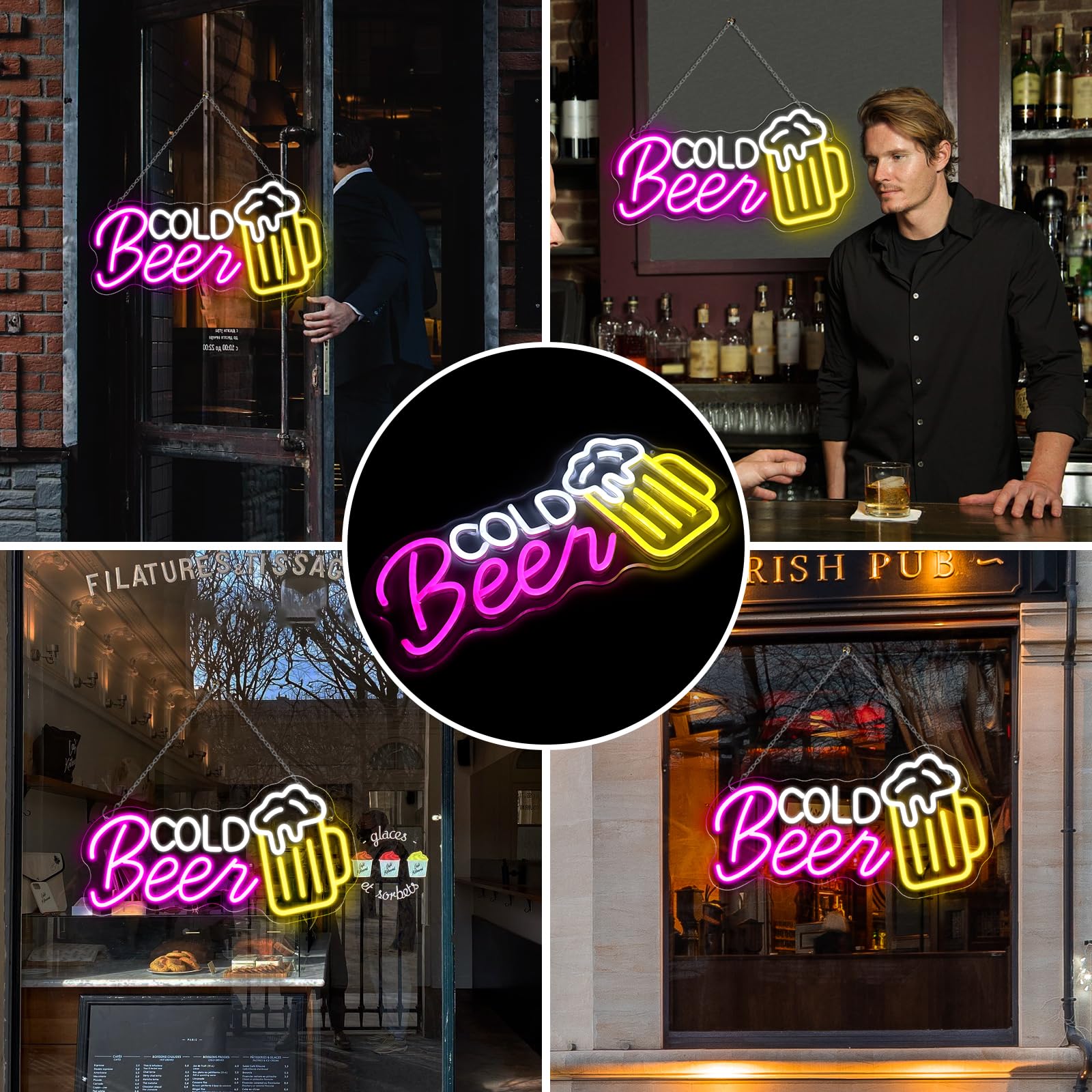 Panneau LED « Bière froide » – 41,9 cm x 22,3 cm | Éclat multicolore | Alimentation USB | Suspension | Idéal pour bar, pub, salon, discothèque et éclairage d'ambiance de fête