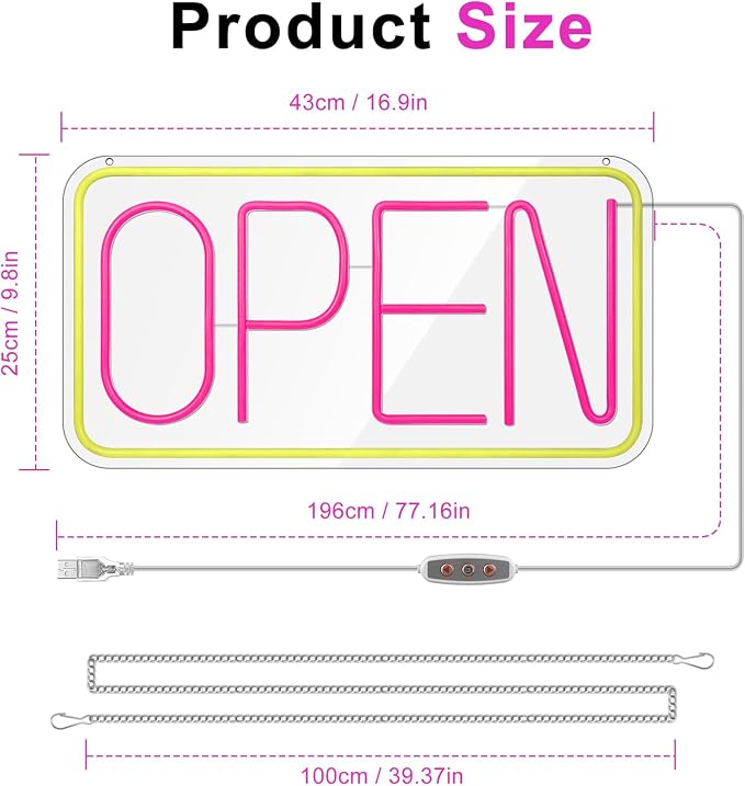 LED-Neonschild „OPEN“ – rechteckig | 4 Leuchtfarbenoptionen | 16×9 / 23×12 Zoll | Fensteraufhängung | Plug & Play für Schaufenster