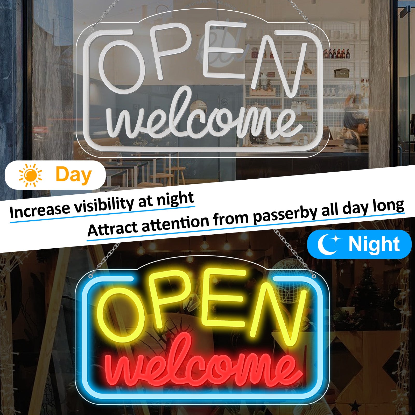 Neonschild „OPEN Welcome“ – USB-betrieben | 43×25 cm (17×10 Zoll) | LED-Licht für Schaufenster | 2 Farboptionen