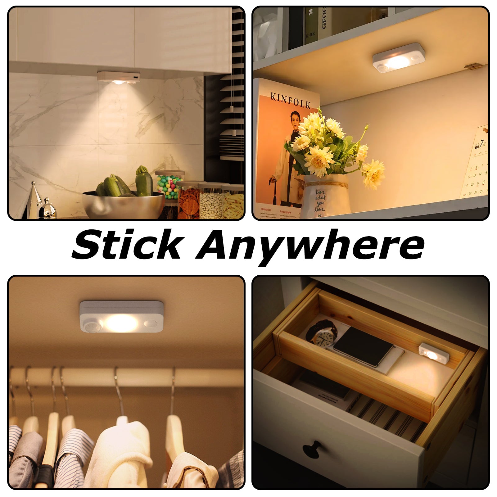 Wiederaufladbare LED-Puck-Schrankleuchte – 4er/6er/8er-Pack | Bewegungssensor, Tippschalter, dimmbar | Warm-/Tageslichtweiß | Schwarz-/Weiß-Finish | Einfache Montage für Schränke und Vitrinen