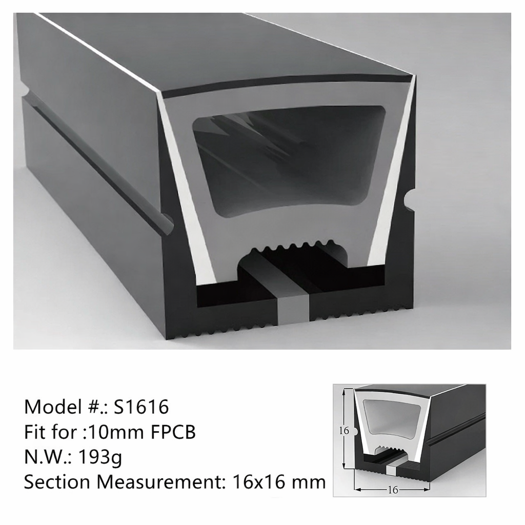 Neon Light Housing – S1616 Black | 16x16mm Silicone LED Channel System | IP67 Waterproof | 10mm PCB Width | 164FT/50M