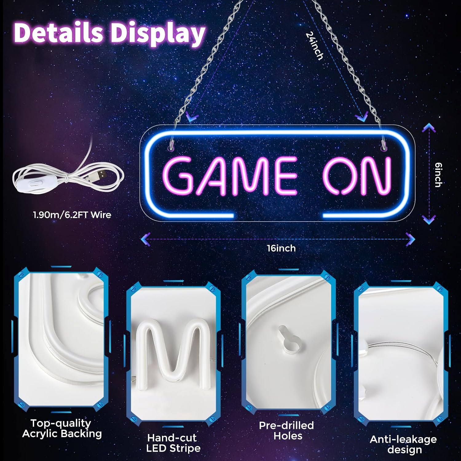 Good Vibes LED Sign – GAME ON Silicone Neon Sign – 15.7×5.6 Inch | 5V USB Powered Dimmable Blue & Pink Glow LED Wall Light | Neon Lamp with Accessories Included | Hanging Gaming Decor for Gaming Room, Bedroom, Setup & Party Spaces