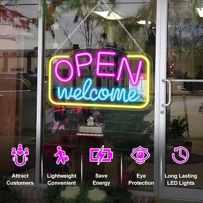 OPEN Welcome LED Silicone Neon Sign – 16×9 Inch (41×23 cm) Horizontal Style | USB Powered Pink, Blue & Yellow Glow Light for Storefront Window & Business Decor