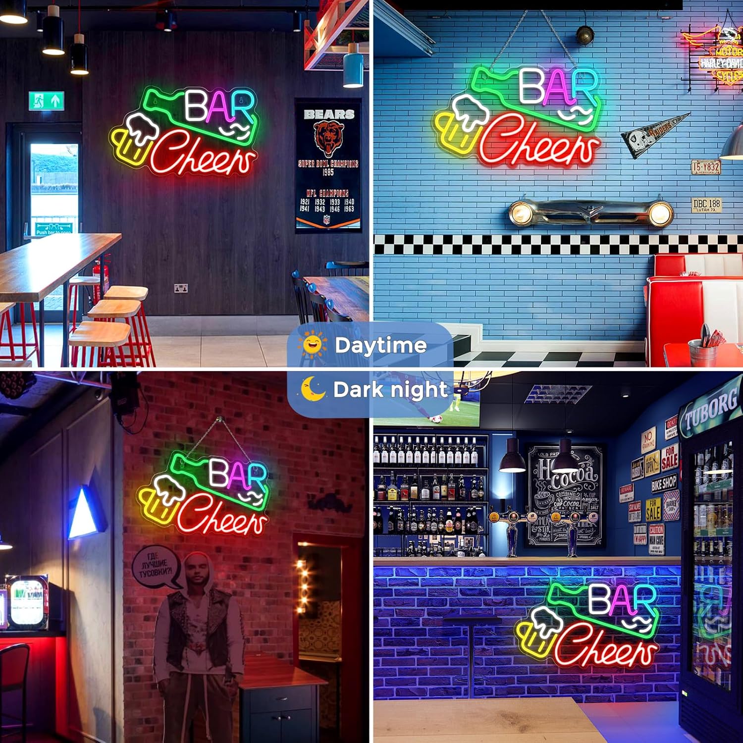 Panneau LED « Bar Cheers » – 41,9 × 24,9 cm | Éclat multicolore | Alimentation USB | Suspension | Idéal pour un éclairage d'ambiance dans un bar, un pub, un salon, une discothèque ou une fête