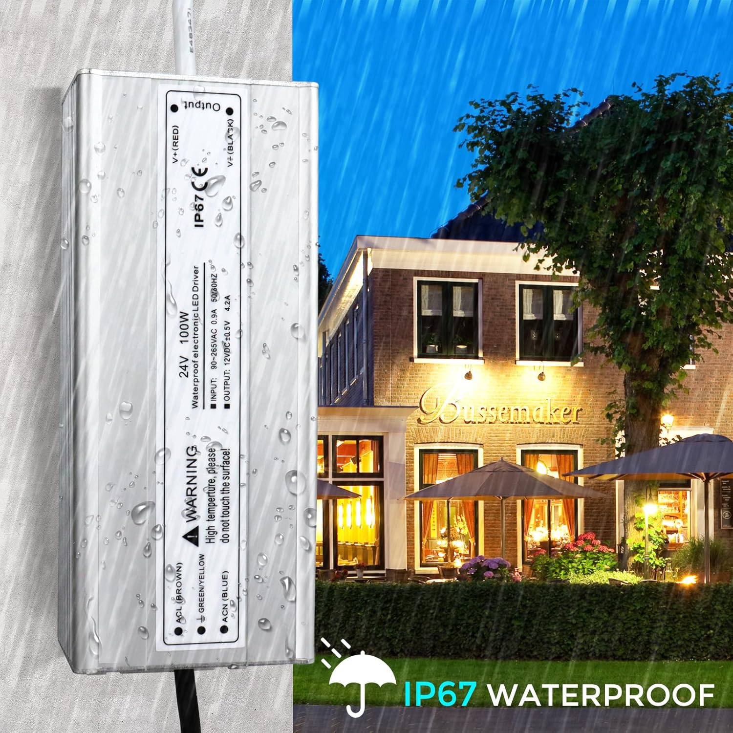 24V Waterproof LED Power Supply 30W–300W, 90–265V Input, Single/Dual Wire Output, Outdoor LED Driver, CE/RoHS/FCC — US/UK/EU Plug & Wire Leads Options