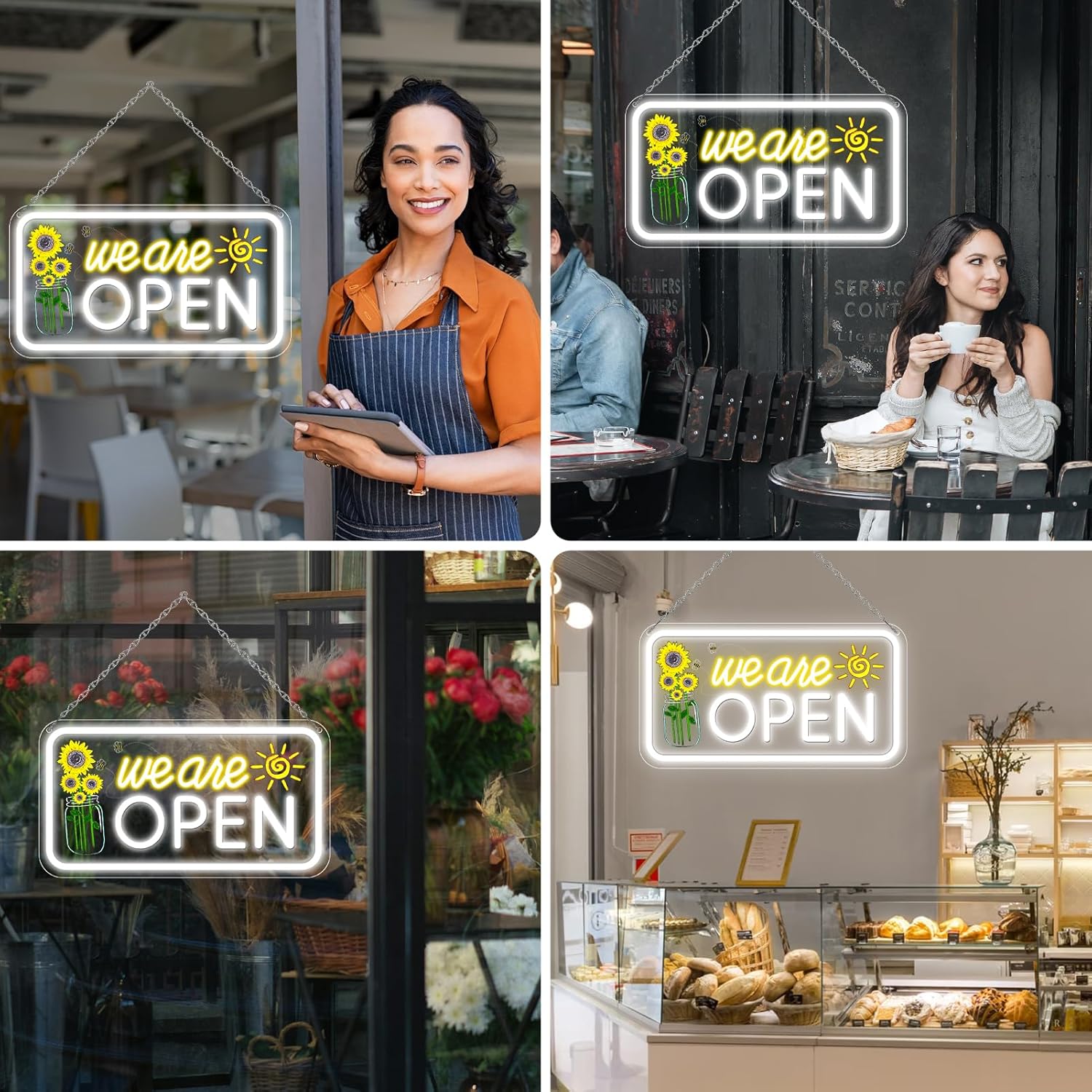 Enseigne verticale néon « Nous sommes ouverts » – Blanc chaud et éclat blanc | 43 cm x 23 cm / 58 cm x 30 cm | Suspension pour vitrine | Plug & Play pour vitrines