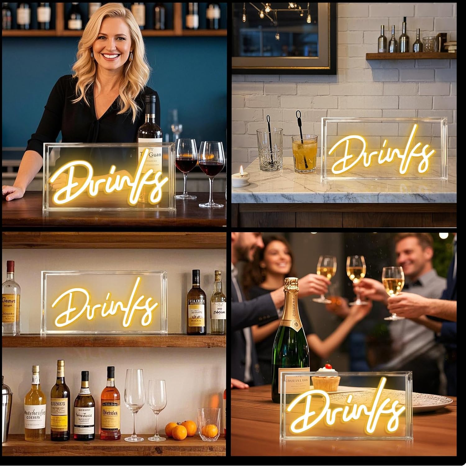 Panneau lumineux de bureau DRINKS – Rectangulaire 30,5 x 15,2 cm | Blanc chaud/rose | Alimentation USB | Présentoir de table | Pour décoration de table, bar, cuisine, club, pub, restaurant, décoration murale et accessoires pour chariot de bar