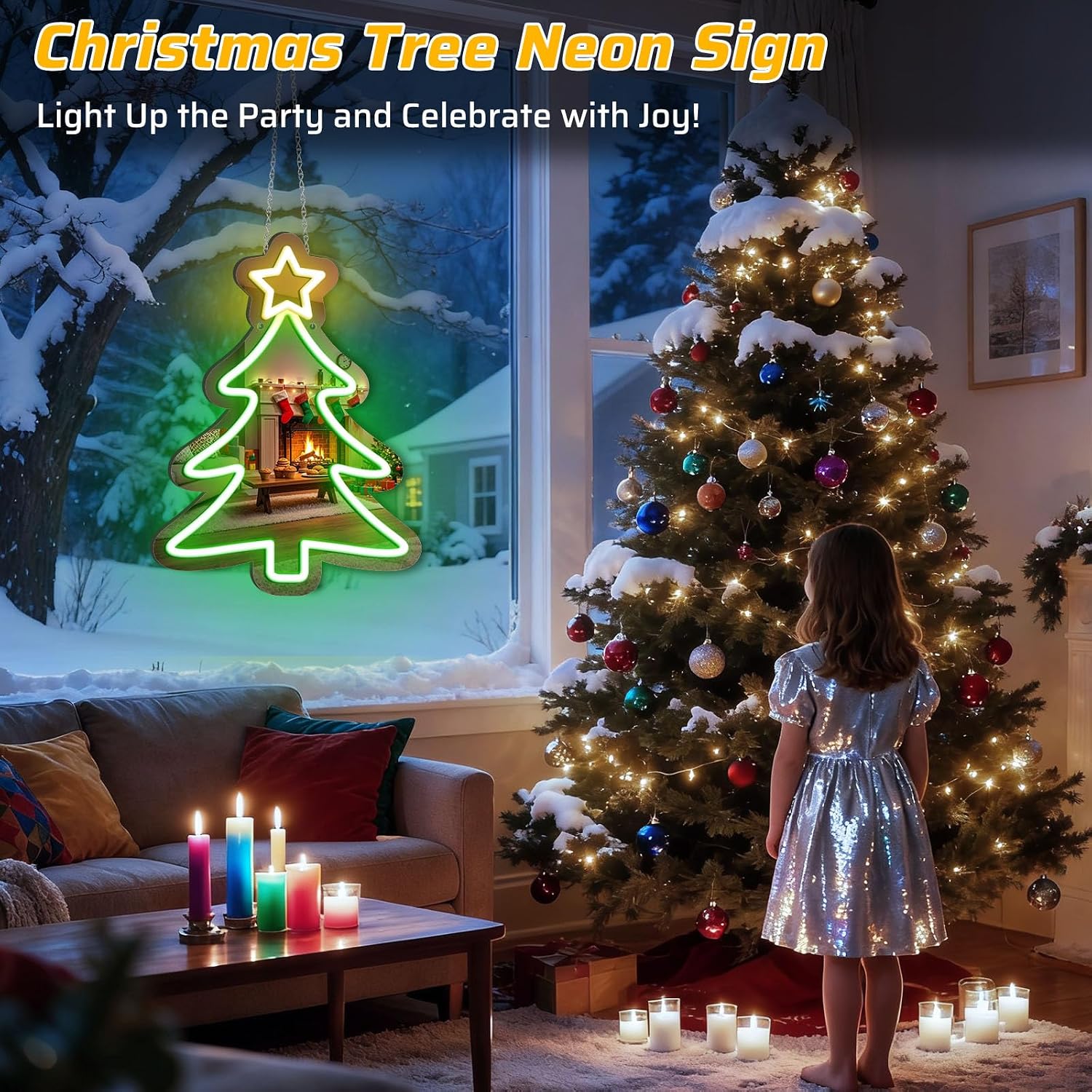 Good Vibes LED Sign – Christmas Tree Silicone Neon Sign – 16×12 Inch | 5V USB Powered Dimmable Green & Yellow Glow LED Wall Light | Neon Lamp with Accessories Included | Hanging Holiday Decor for Christmas Party, Bedroom & Home Spaces