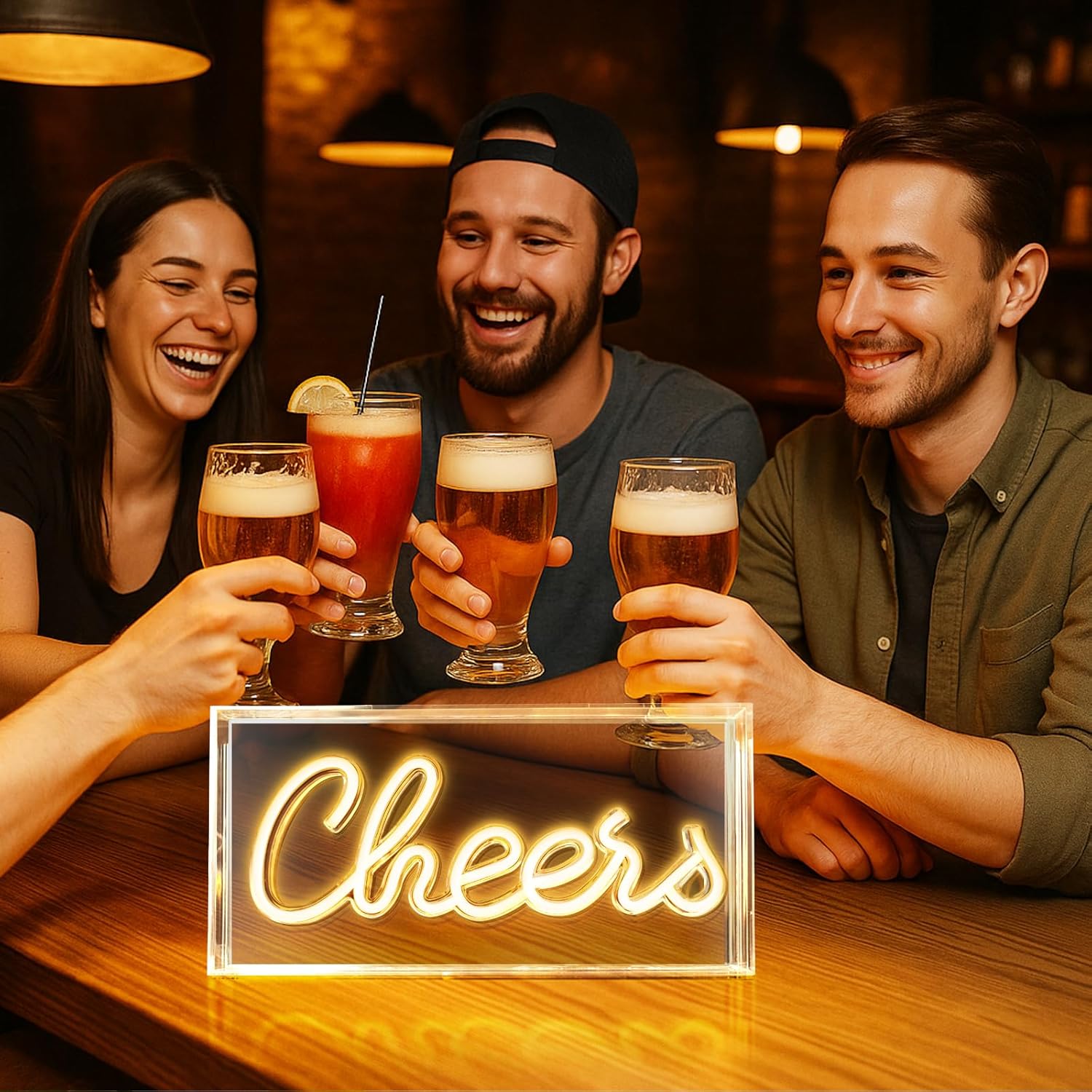 Panneau lumineux de bureau CHERRS – Rectangulaire 30,5 x 15,2 cm | Blanc chaud/rose | Alimentation USB | Présentoir de table | Pour chambre de fille, chambre à coucher, pub, hôtel, plage, bar à cocktails, cadeau de Noël