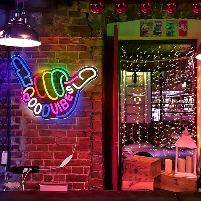 Good Vibes LED Sign – Shaka Hand Sign | 17×13 inch | USB Neon Light for Wall Decor | Hanging | Ideal for Bedroom, Dorm, Lounge, Party