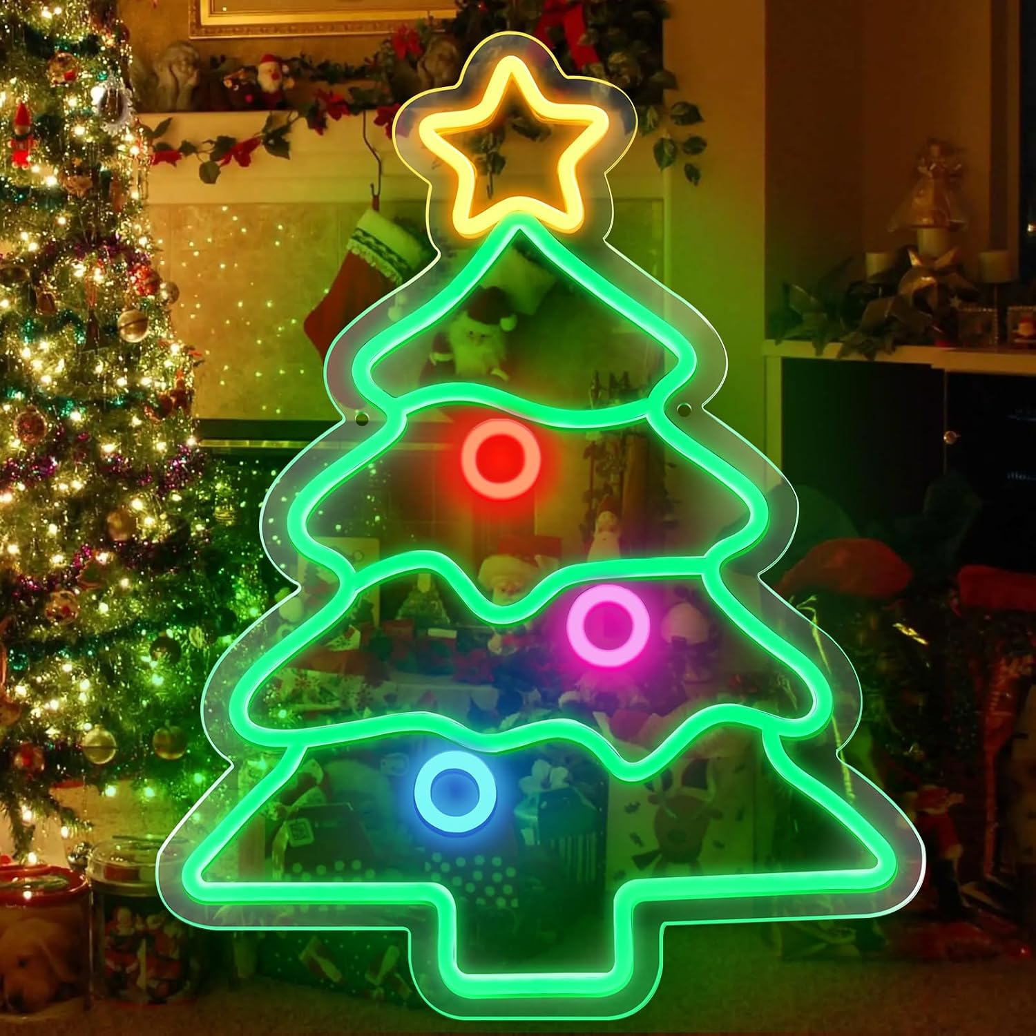 Good Vibes LED Sign – Christmas Tree Silicone Neon Sign – 18.5×14.17 Inch | USB Neon Light for Wall Decor | Dimmable Neon Lamp with Accessories Included | Hanging Holiday Decor for Christmas Party, Bedroom & Home Spaces