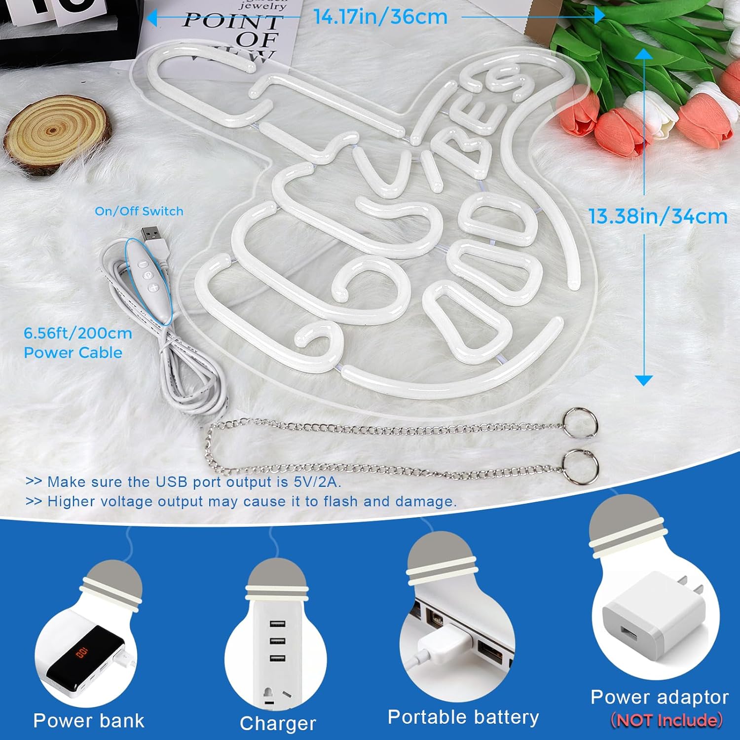 Panneau LED « Good Vibes » – Panneau « Main cool » | 43 cm x 33 cm | Néon USB pour décoration murale | À suspendre | Idéal pour chambre, dortoir, salon, fête