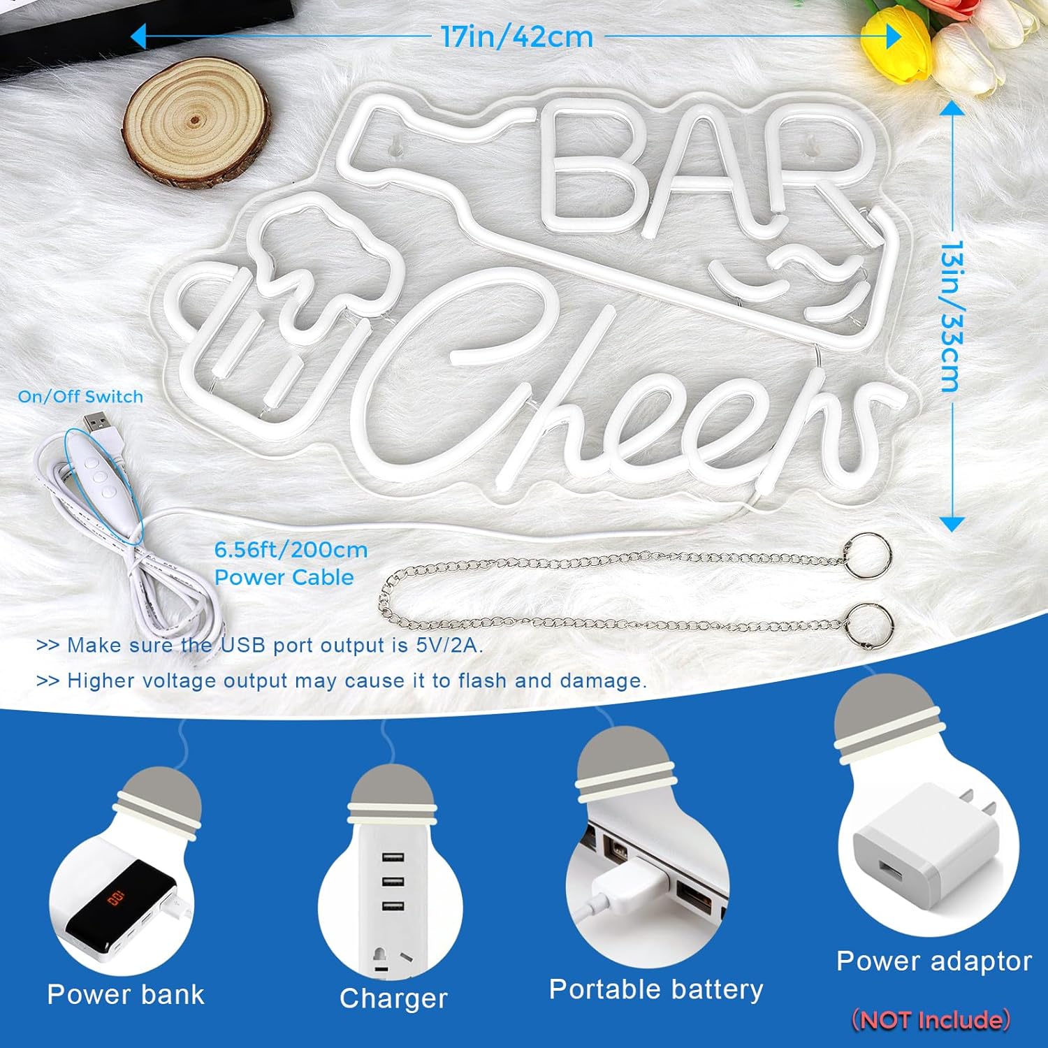 Panneau LED « Bar Cheers » – 41,9 × 24,9 cm | Éclat multicolore | Alimentation USB | Suspension | Idéal pour un éclairage d'ambiance dans un bar, un pub, un salon, une discothèque ou une fête