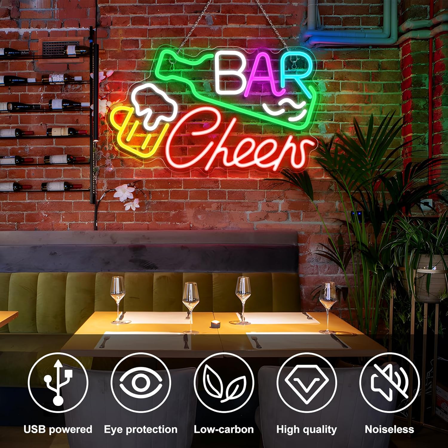 Panneau LED « Bar Cheers » – 41,9 × 24,9 cm | Éclat multicolore | Alimentation USB | Suspension | Idéal pour un éclairage d'ambiance dans un bar, un pub, un salon, une discothèque ou une fête
