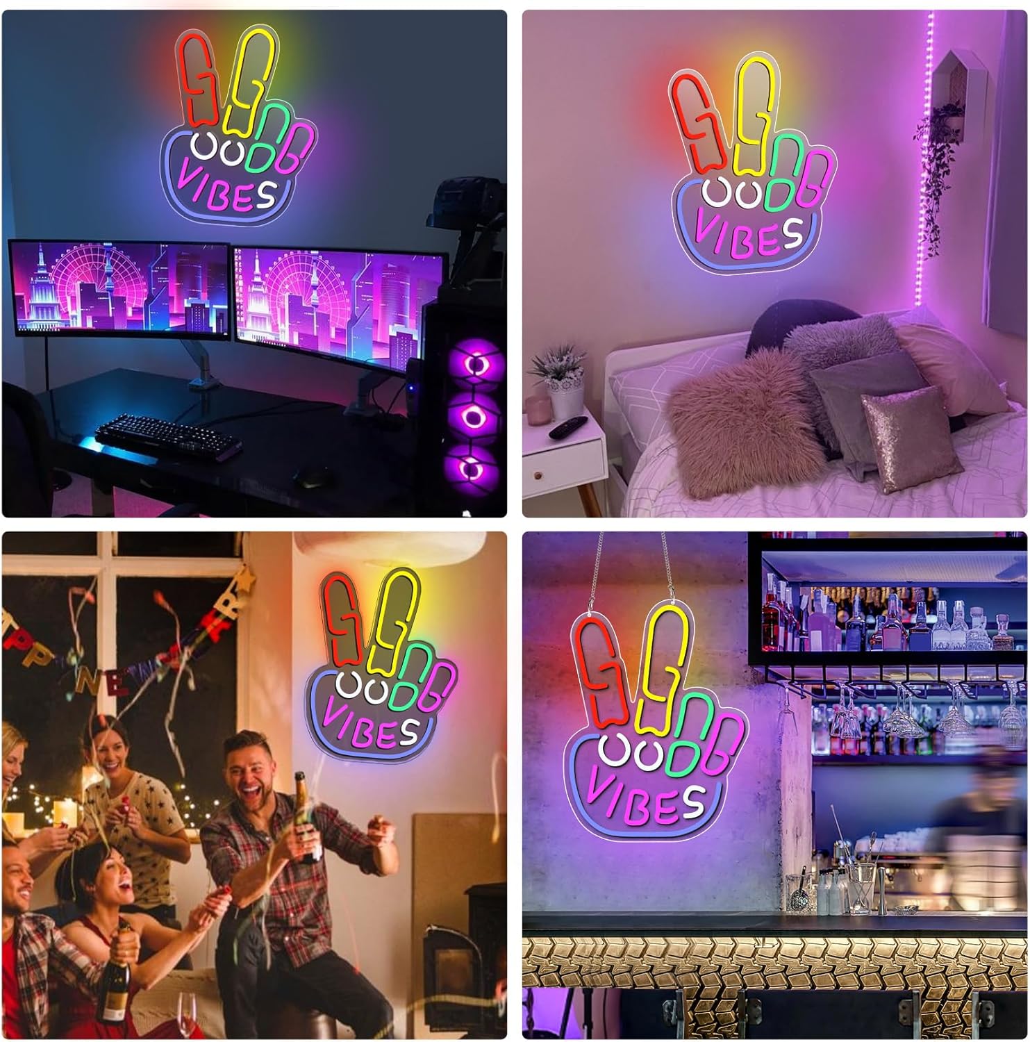 Panneau LED Good Vibes – Signe de la main de la paix | 43 x 33 cm | Néon USB pour décoration murale | À suspendre | Idéal pour une chambre, un dortoir, un salon ou une fête