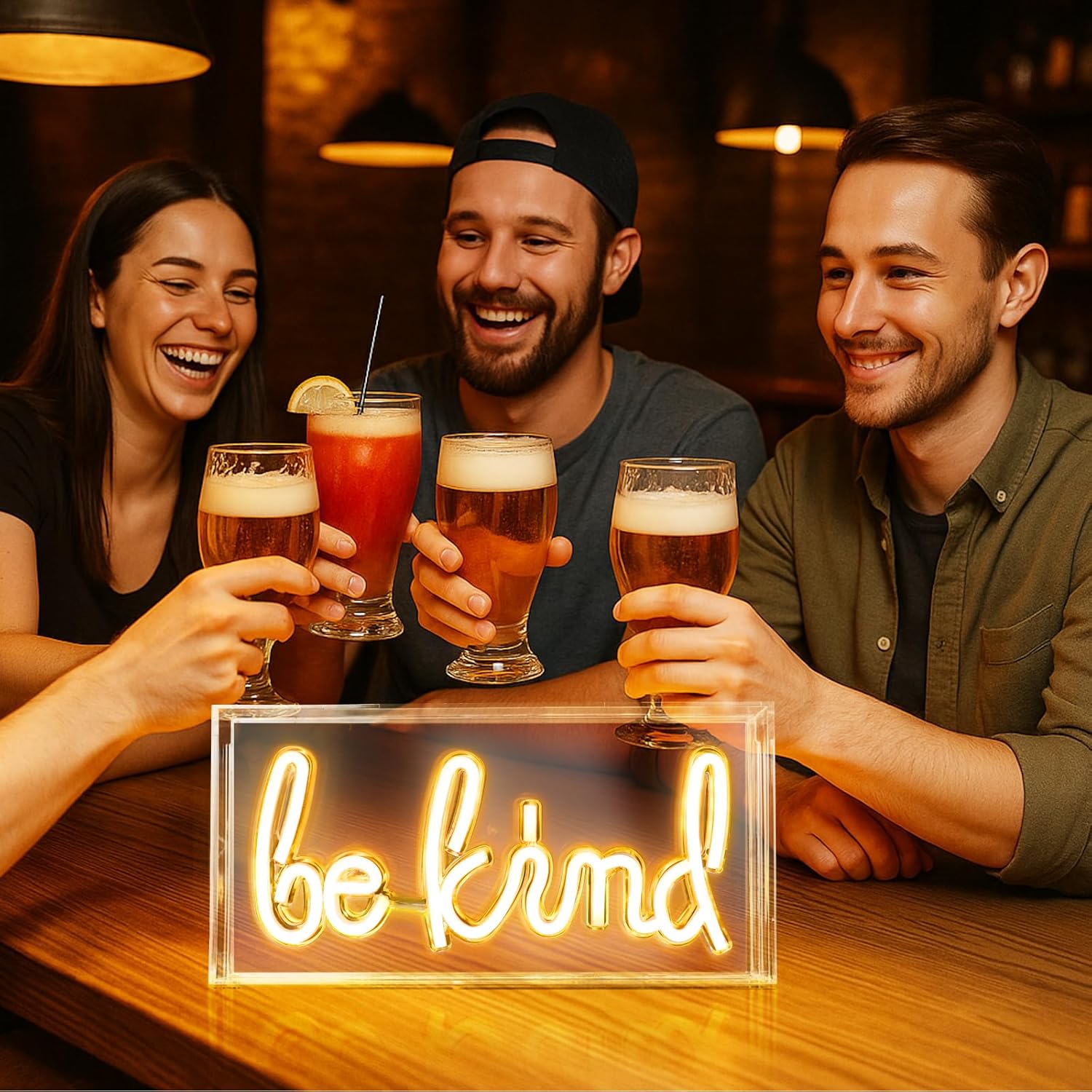 Panneau lumineux de bureau « BE KIND » – Rectangulaire 30,5 x 15,2 cm | Blanc chaud/rose | Alimentation USB | Présentoir de table | Pour chambre de fille, chambre à coucher, pub, hôtel, plage, etc.