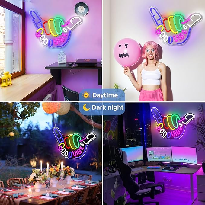 Panneau LED « Good Vibes » – Main Shaka | 43 cm x 33 cm | Néon USB pour décoration murale | À suspendre | Idéal pour chambre, dortoir, salon, fête