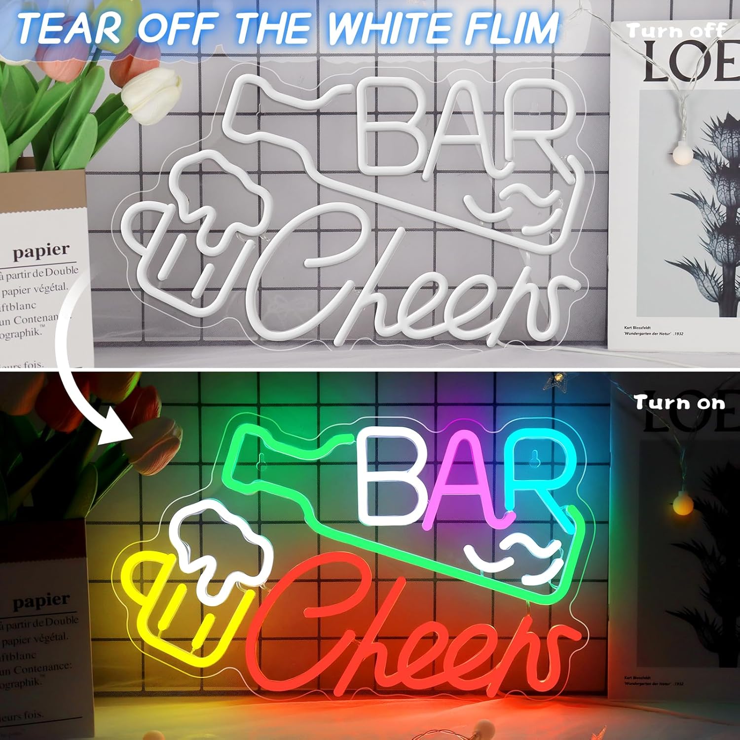Panneau LED « Bar Cheers » – 41,9 × 24,9 cm | Éclat multicolore | Alimentation USB | Suspension | Idéal pour un éclairage d'ambiance dans un bar, un pub, un salon, une discothèque ou une fête